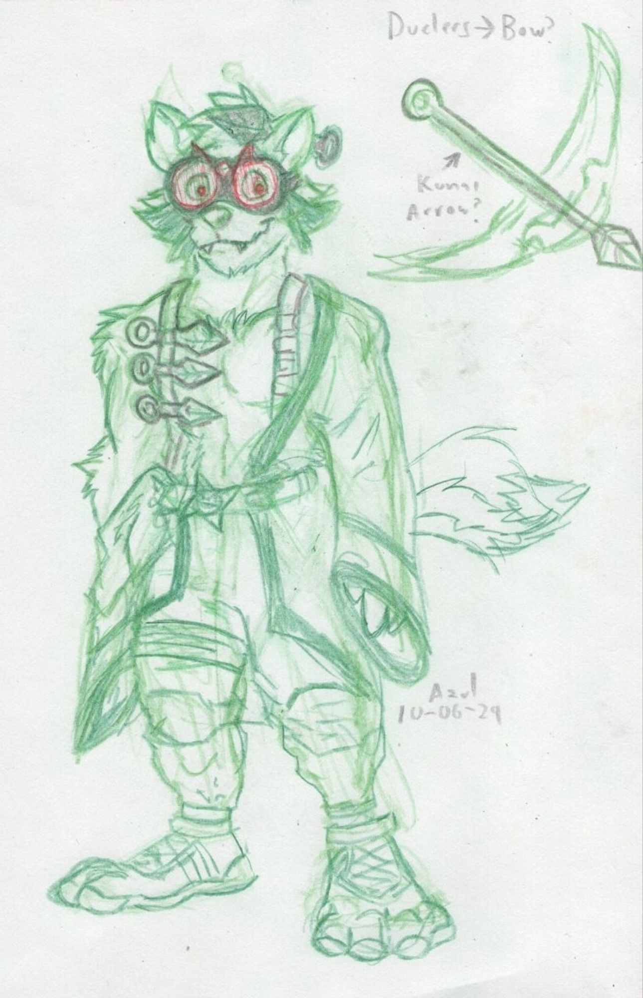 Kraftycut, aka Rocky K. Washington. I wanted his blades to turn into the arrow gun Tycoon started out with, but maybe making it a bow would be easier. There's a kunai behind his ear at all times to resemble a tanukis head leaf.