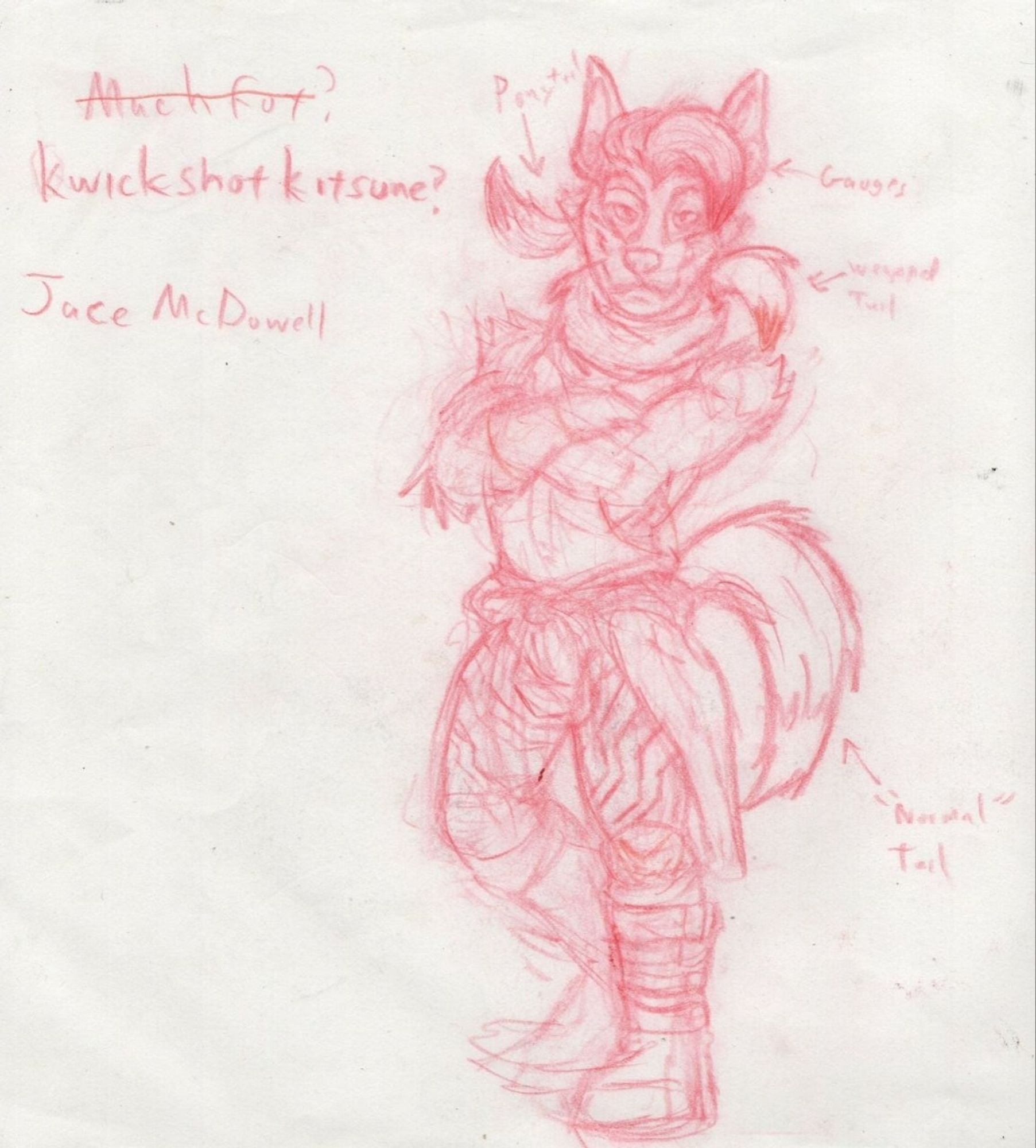 Jace McDowell, ask "Kwikshot Kitsune" . The idea is he's wearing a Motocross outfit, and starts with three tails. The extras are hidden as a "scarf" and a ponytail.