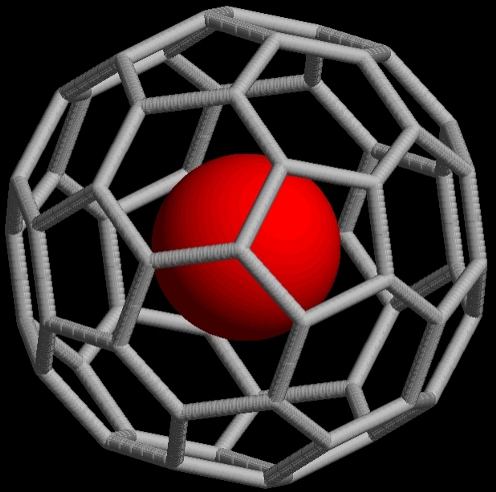 A 3D mockup of an individual atom stuck within the carbon cage of a buckminsterfullerene molecule - these combinations of cage and atom, which have unique properties, are called endohedral fullerenes