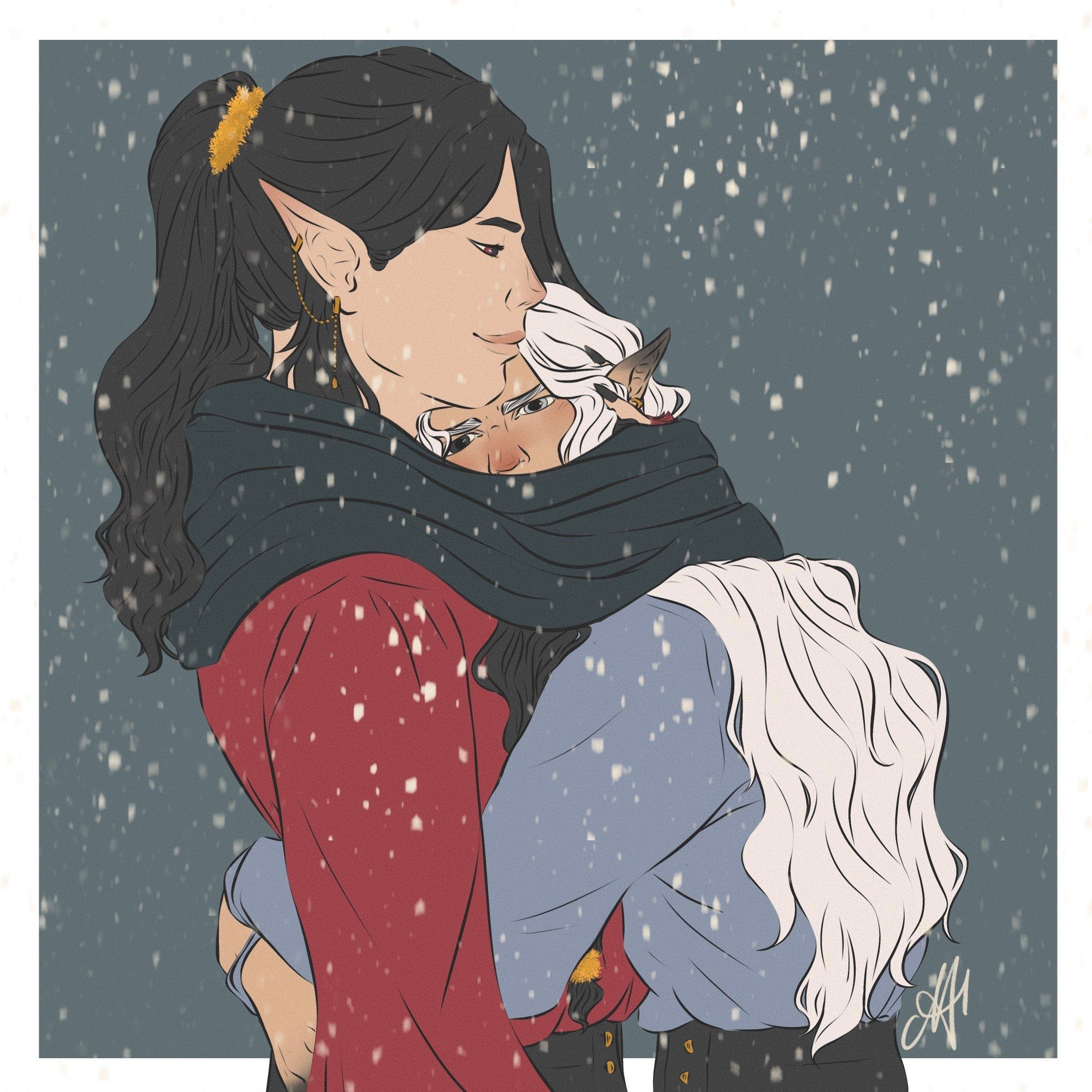 Digital illustration of Marrok and Lucian in the snow on a muted bluish grey background. Lucian is cold, looking grumpy and snuggling under Marrok's scarf.

Marrok is a God with fair skin and pointed ears. He has red eyes black hair tied back in a gold tinsel scrunchie and is wearing a red shirt.

Lucian is a fallen angel with a light tan and long, white hair with a black chunk behind each ear. Their pointed ears and fingers are corrupted black. Their left eye is silver, the right is black. They're wearing a light blue shirt.