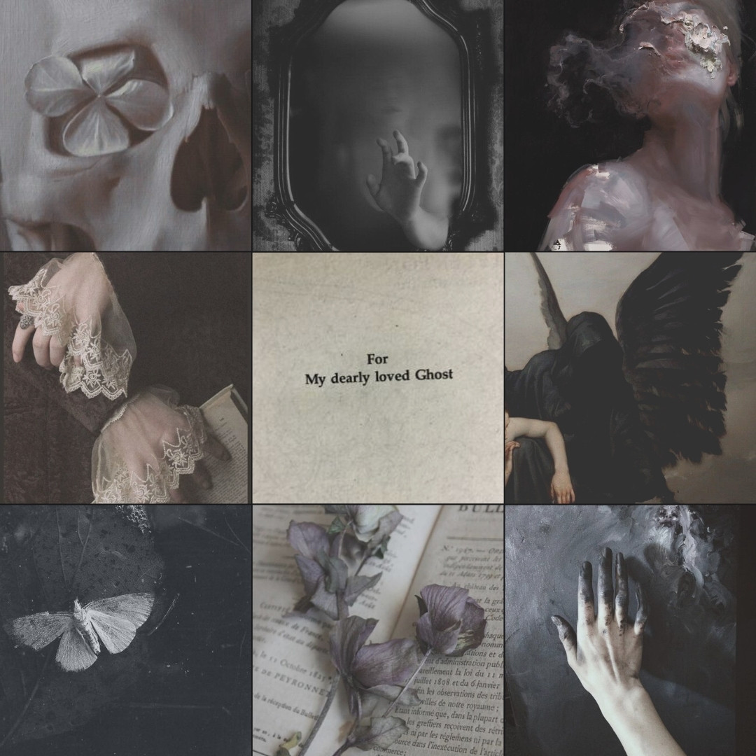 9x9 moodboard grid in faded tones of grey, rose, and cream.

Top row: close up of a skull with a flower in its eye; a hand reaching out of a mirror; painting of a person with an obscured face wishing away.

Middle row: close up of hands with lacy, chiffon sleeve cuffs and a black jacket; quote "For my dearly loved Ghost"; cropped angel of death painting by Roberto Ferri

Bottom row: white moth on a dark background; purple flowers on an open book; a hand smearing grey paint on a canvas