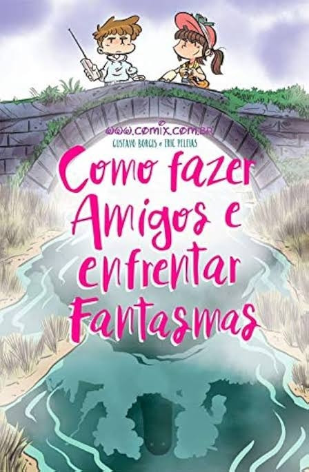 A imagem que você enviou mostra a capa de um livro chamado "Como fazer amigos e enfrentar fantasmas". Na ilustração, há duas crianças (um menino e uma menina) em cima de uma ponte de pedra, olhando para um rio ou lago abaixo. O estilo do  desenho é cartunesco, com cores suaves e contornos marcantes. A menina usa um boné e segura uma lanterna, enquanto o menino parece segurar um graveto ou vara de pesca. O título está em destaque no centro, escrito com uma fonte divertida e colorida em rosa, e há informações sobre os autores logo abaixo: Gustavo Borges e Eric Peleias.

Parece ser uma história infantojuvenil que mistura temas de amizade e aventuras com fantasmas.

