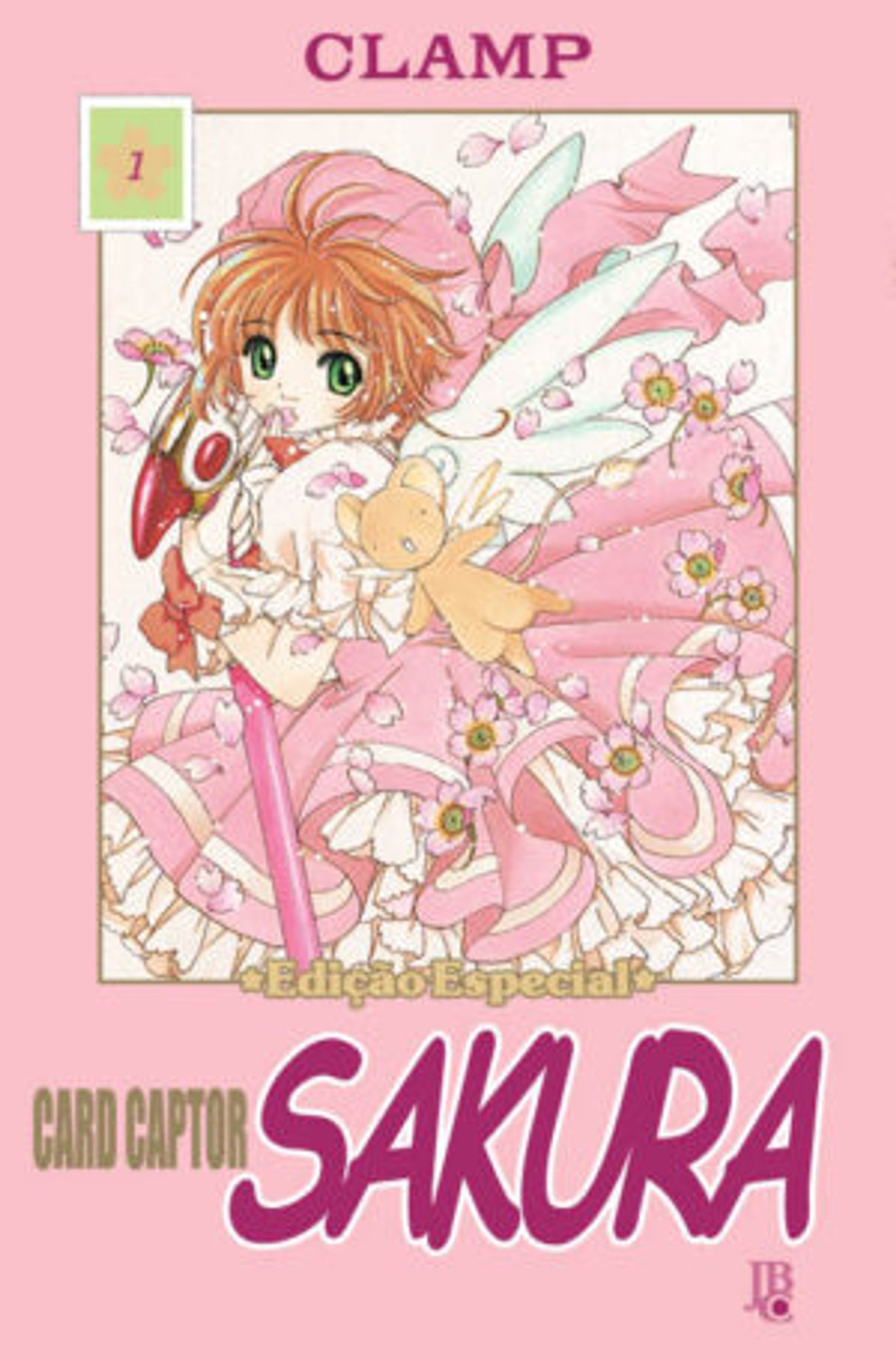 A imagem é a capa de uma edição especial do mangá Card Captor Sakura, desenhada pelo grupo CLAMP. Na capa, Sakura Kinomoto, a protagonista, está vestida com um elaborado vestido rosa com laços e detalhes em branco. Ela segura seu báculo mágico, que tem a forma de um pássaro na ponta, enquanto seu mascote, Kero (Kerberos em sua forma pequena), flutua ao seu lado. A arte tem um estilo delicado e detalhado, com flores ao fundo e uma paleta de cores suave, predominantemente rosa e branco.

No topo da capa, está escrito "CLAMP", o nome das criadoras, e abaixo, o título "Card Captor Sakura" em letras grandes e de cor roxa. Ao lado, também há o selo da editora JBC, responsável pela publicação. O número "1" indica que é o primeiro volume dessa edição especial.