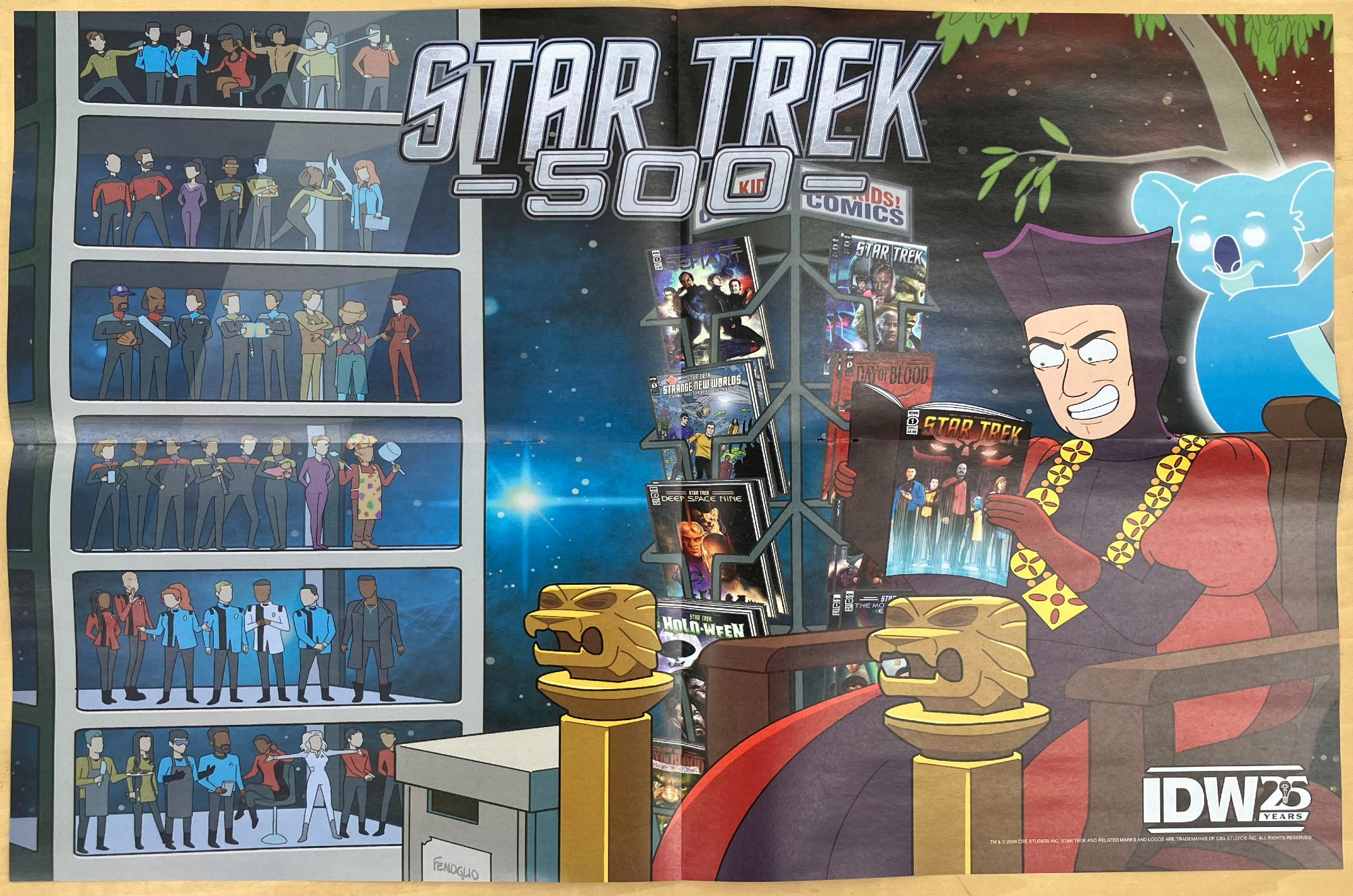 Star Trek #500 RI from IDW Publishing with cover art by Chris Fenoglio, featuring Q, Star Trek action figures, a vintage comic spinner rack and a Qoala.