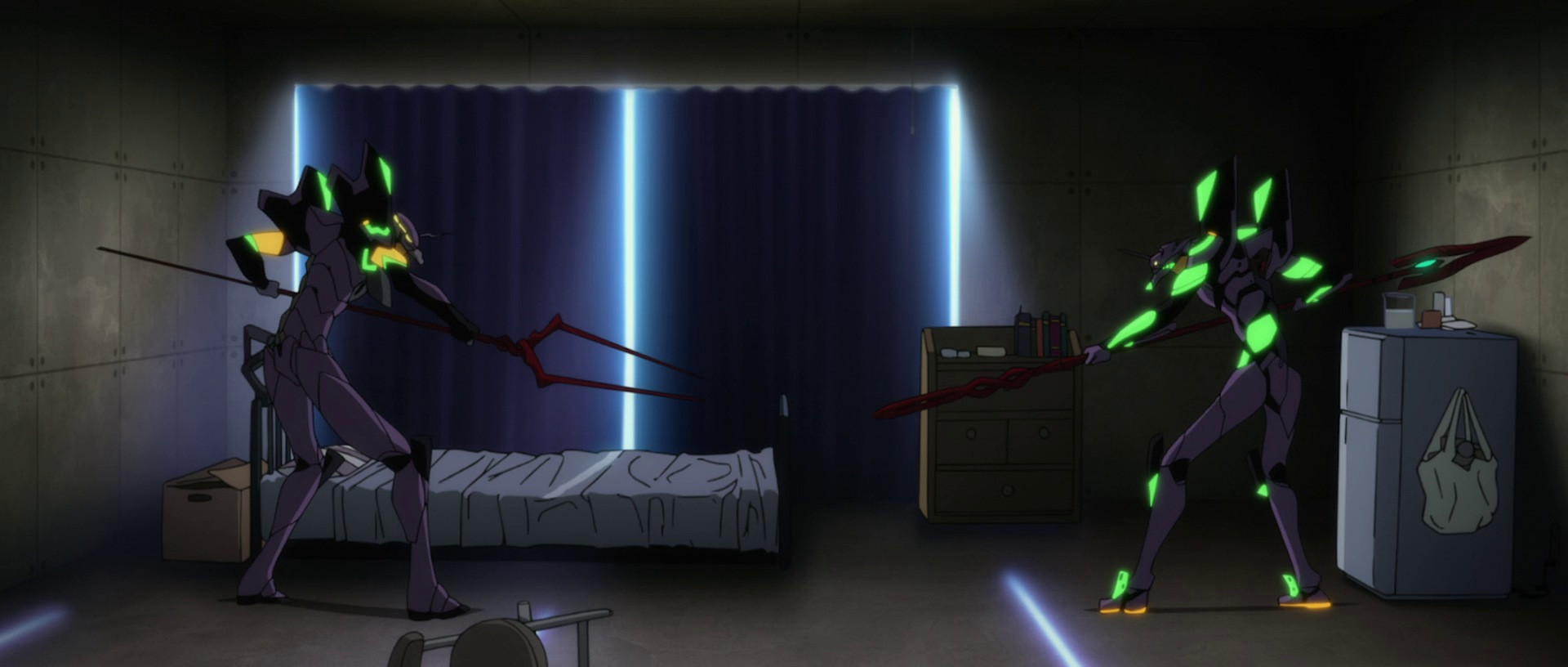 Unit 01 and 13 getting ready to fight in Rei's apartment
