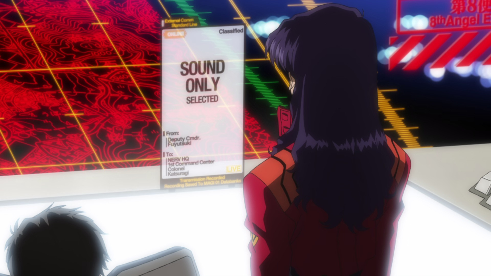 Misato looking at a holographic screen