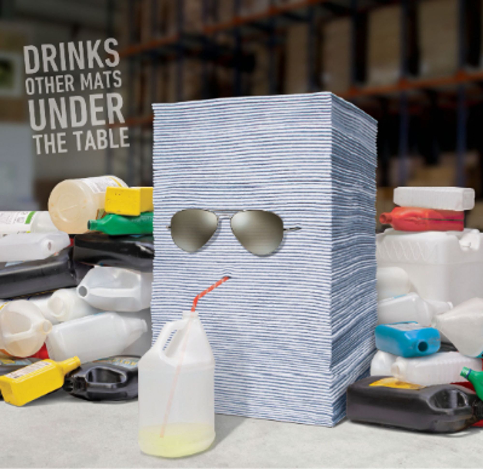 a stack of absorbent mats wearing aviator sunglasses, drinking ammonia with a straw out of a gallon jug