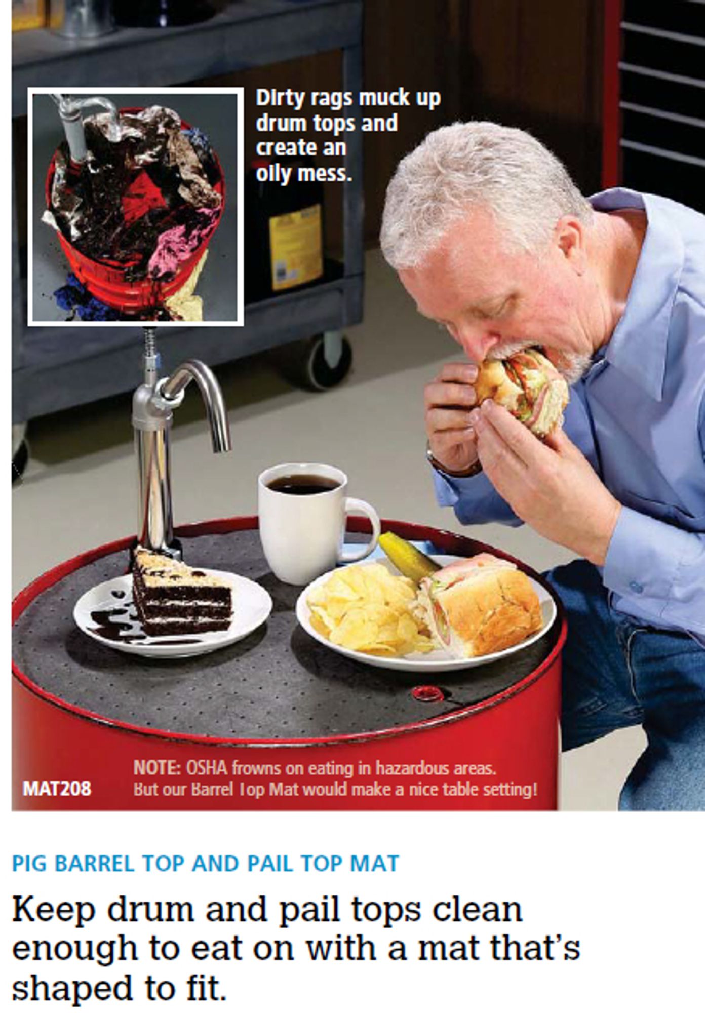 a man eating a full lunch platter off the top of an oil drum, including a sandwich, a cup of coffee, and a slice of chocolate layer cake