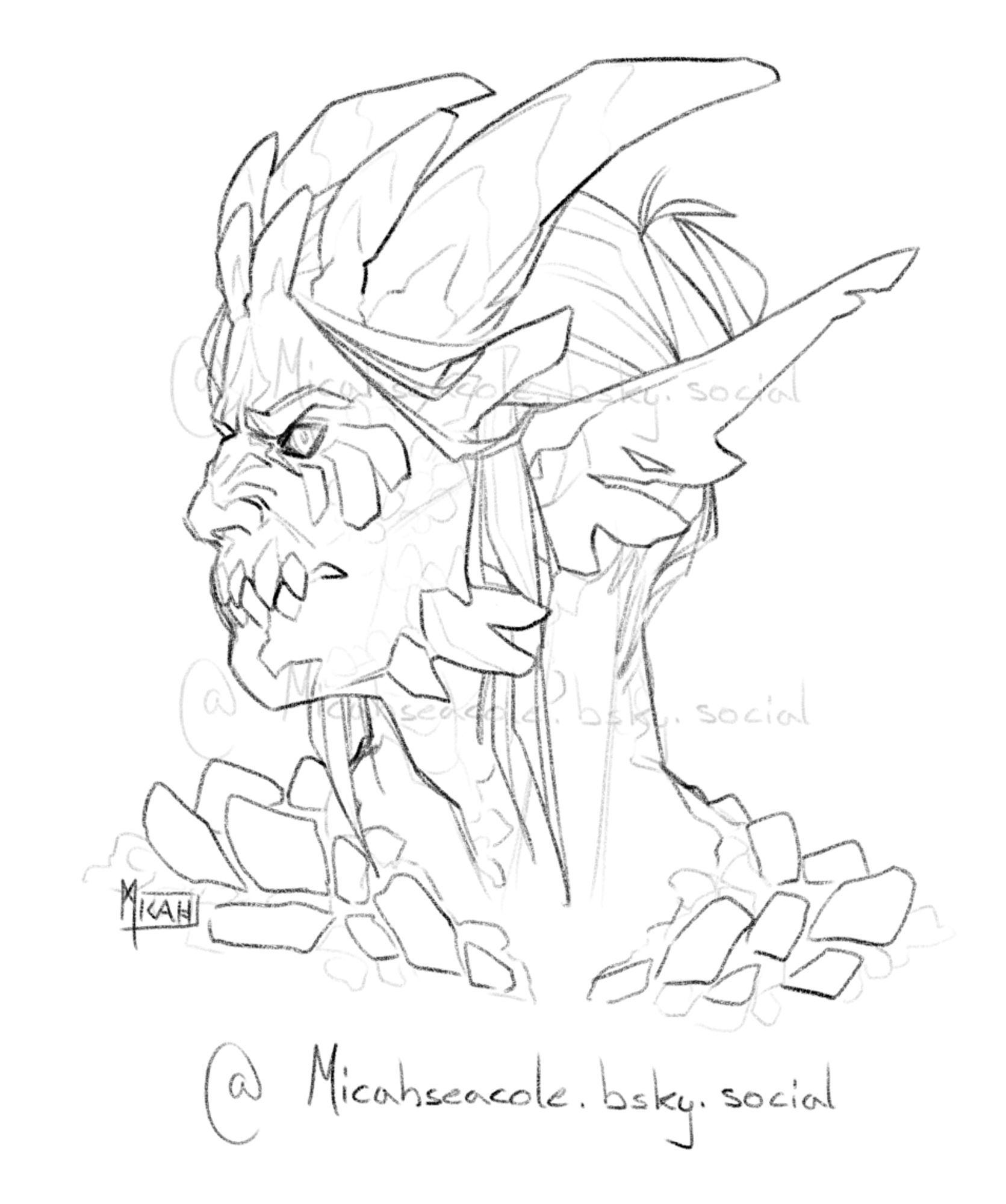 A portrait of a dragon/human character with a partially human face. His sharp teeth are fully visible, he has rough scales and spikes all over, long pointy ears (one is torn) and horns that kind of resemble a crown.
He looks very pissed off, like he is about to snarl at someone off screen.