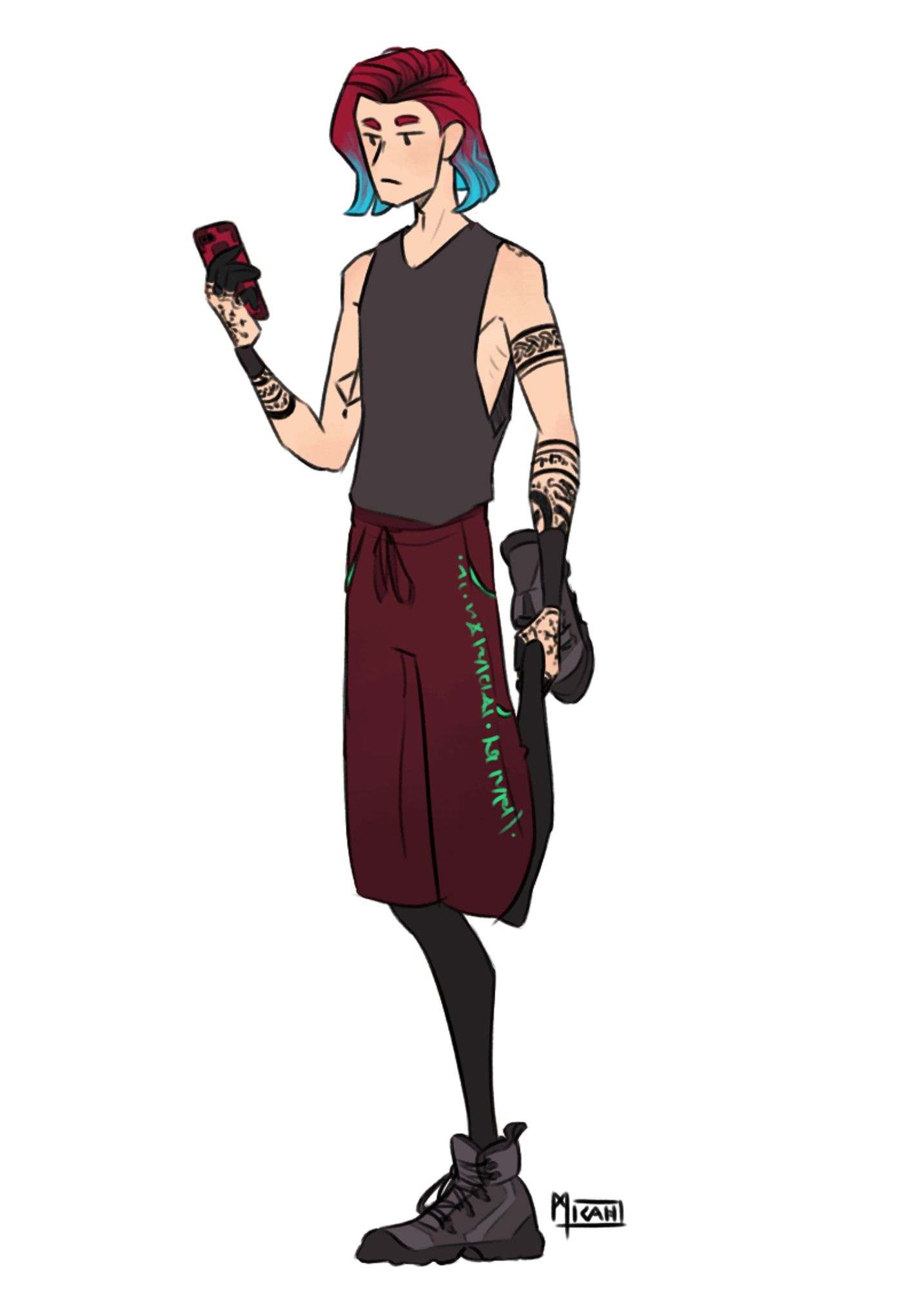 Ilya (human male with chin length red hair with light blue tips, wearing hiking shoes, a sleeveless shirt, leggings and dark red 3/4ths shorts) balancing on one leg while checking his phone.