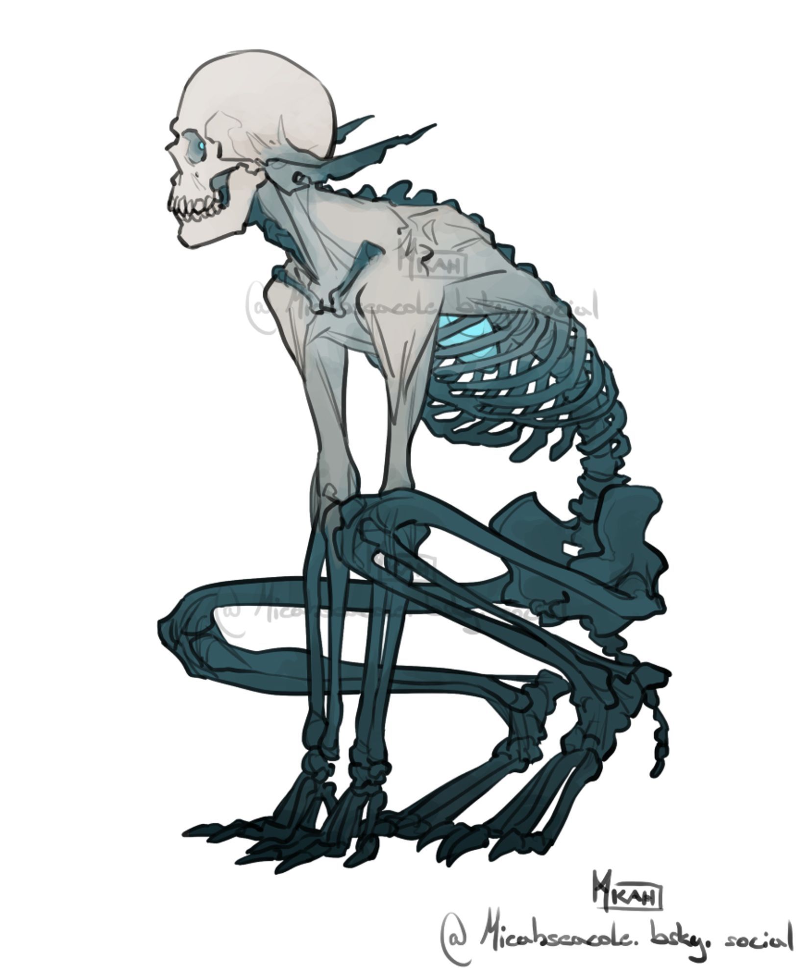 An undead humanoid crouching. It has pale skin covering its upper torso but most of it has rotted away to reveal dark blue bones.
It has tattered pointy ears.
Its heart is frozen and glowing blue in its otherwise empty rib-cage.