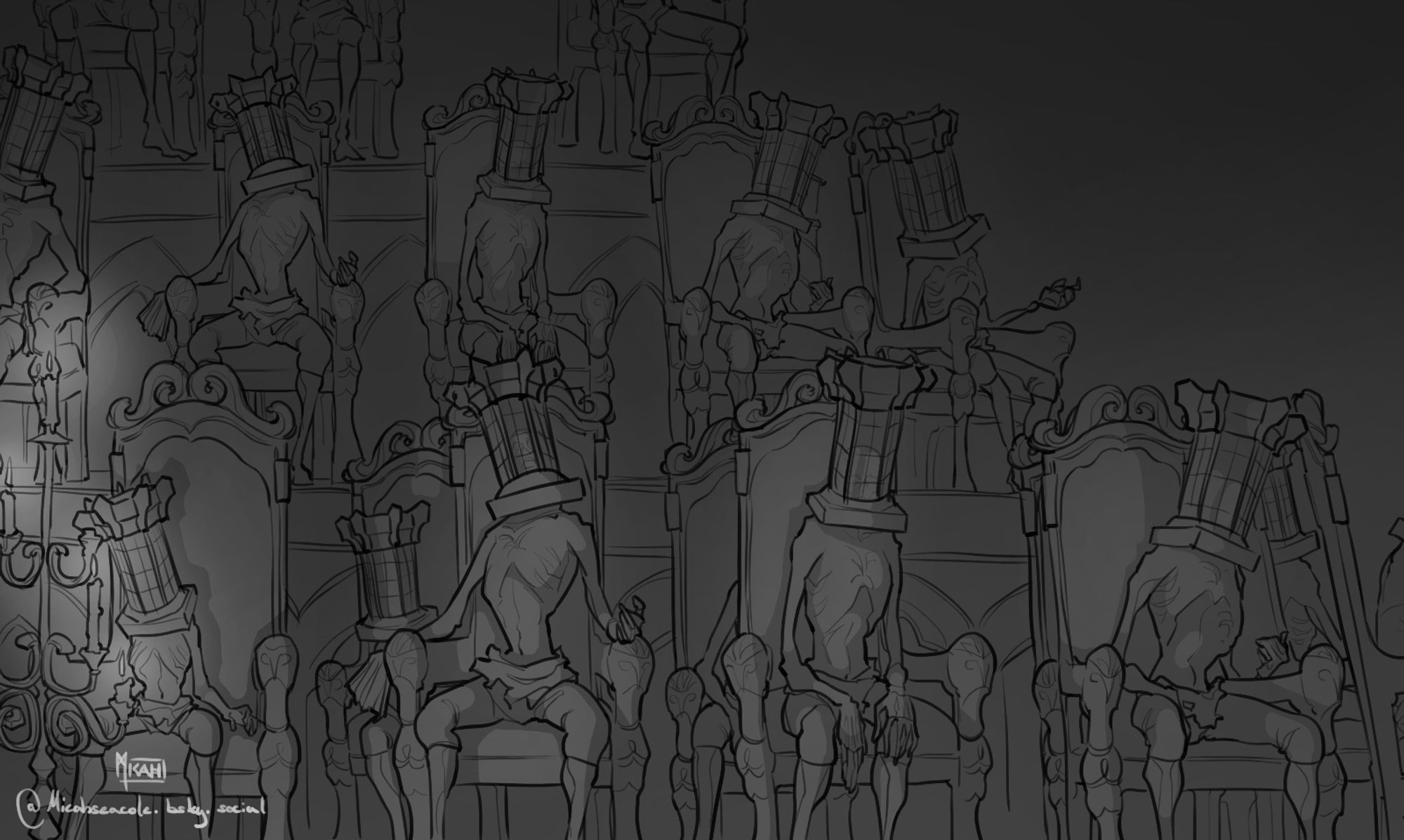 A dark gray-scale drawing of the members of the school of Mensis sitting in their ornate chairs. They are all shriveled up corpses with tall cages on their heads.