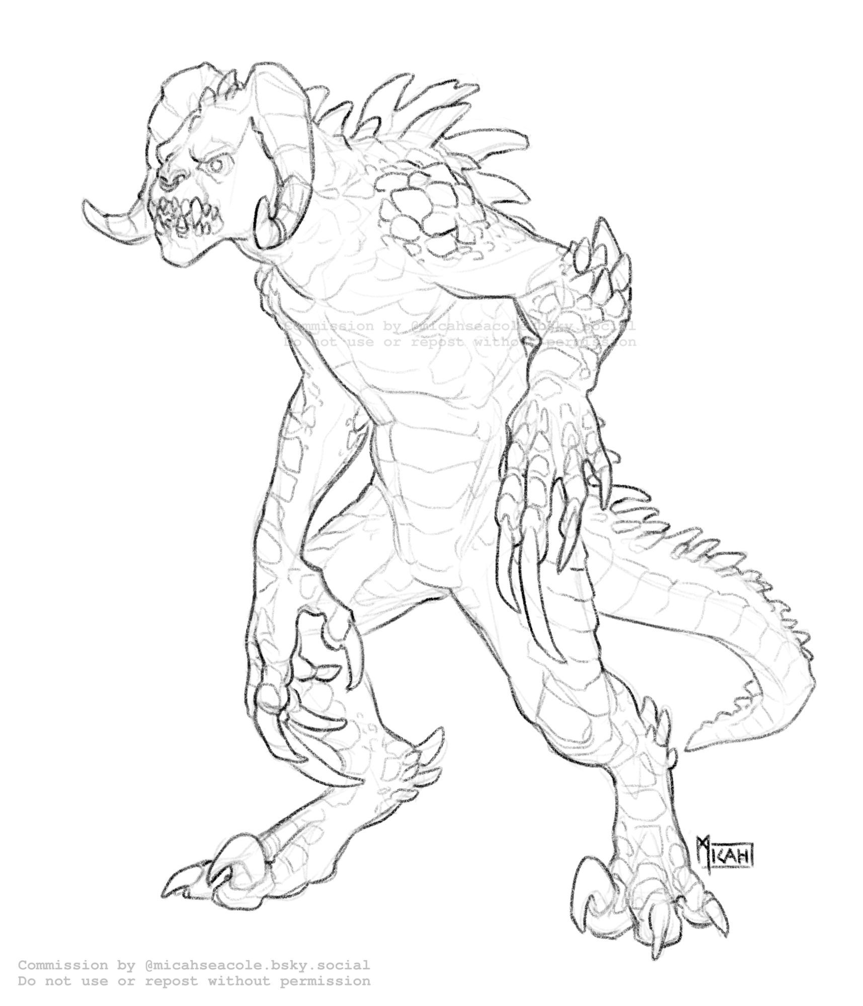 A sketch of a deathclaw with a slight snarl.
He has a ring in his nose, one around one of his teeth as well as another around the tip of one horn.