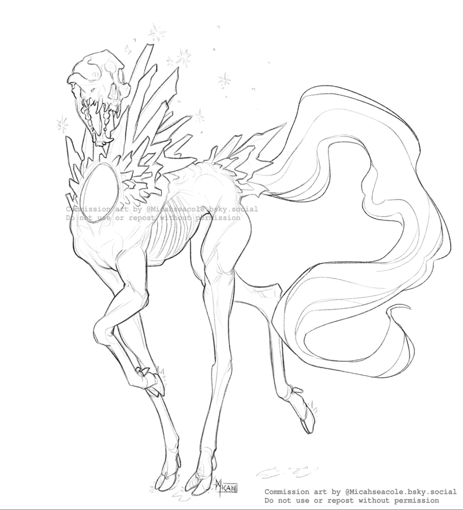 A digital sketch of a long legged canine/deer creature with a long smoky tail, crystal structures on it's shoulders and back and a hole where it's neck would attach to the shoulders. The head - a canine skull- is floating in position over the neck hole.
Character belongs to @WolfsWing.