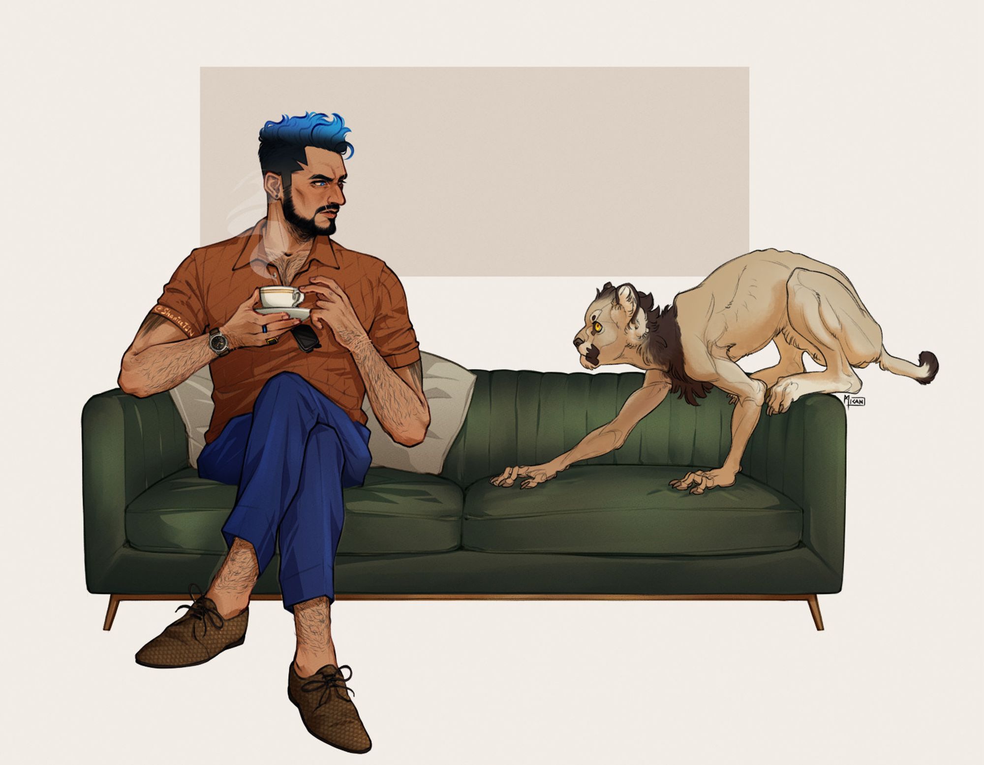 A digital artwork of ShaniceTJN's OC, Azrael, sitting on a green sofa with a teacup in his hand. He has an annoyed look on his face and is looking to his left, where Micah Seacole's OC, Kyriakos, is slowly crawling from the arm rest towards Azrael while holding eye contact.
Azrael is wearing an orange short-sleeved shirt with blue trousers. His hair is black and blue.
Kyriakos is a Sphinx that looks like a very even mix of lion and human, with pale beige fur, a very short brown mane, round ears and a short tail. Both his face and body shape are rather uncanny, with long skinny limbs and weirdly human hands. He has wide yellow and copper colored eyes.