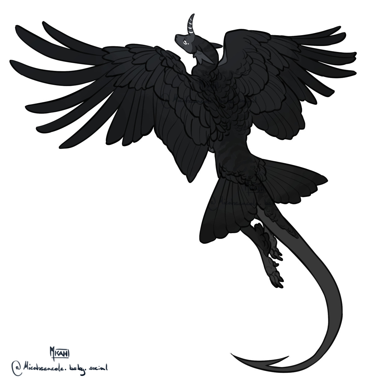 a digital illustration of a black and dark grey feathered dragon with a unicorn like horn. Their wings are covered in raven like feathers and they have tail feathers alongside a reptile like tail with a hook at the end. They are flying upwards.