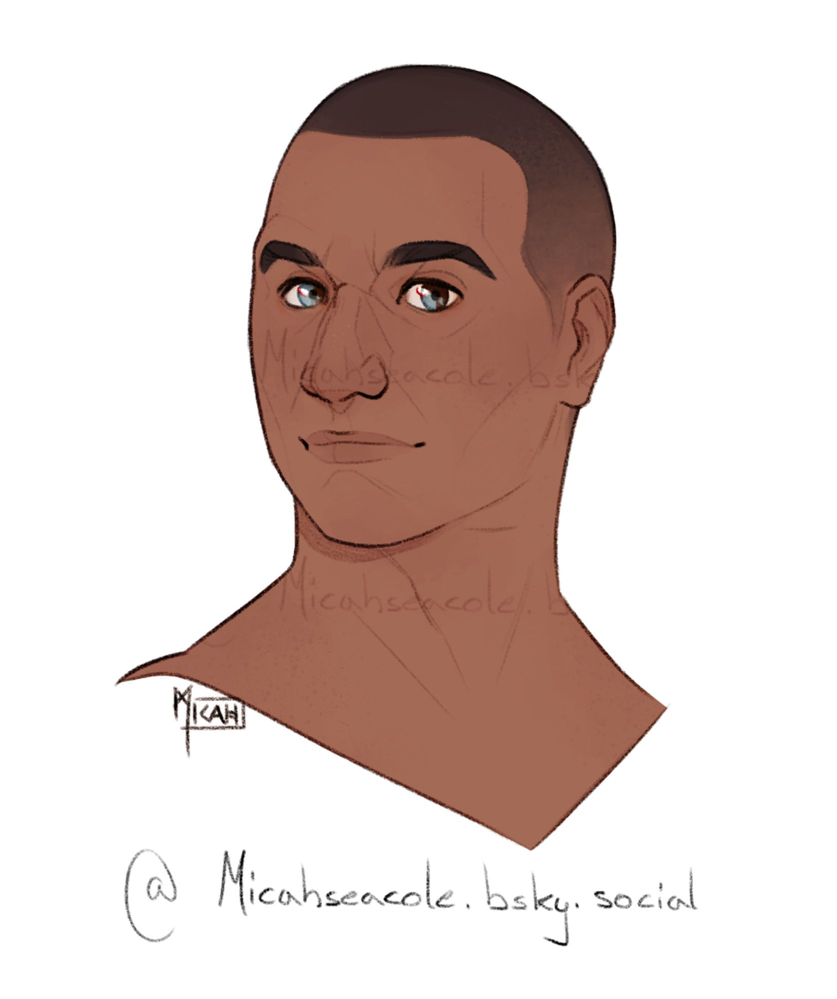 A portrait of a clone trooper. He looks like what Temuera Morrison (may have) looked in his late twenties/early thirties.
Vessel has sectoral heterochromia making parts of his brown irises have a grey/pale blue color.