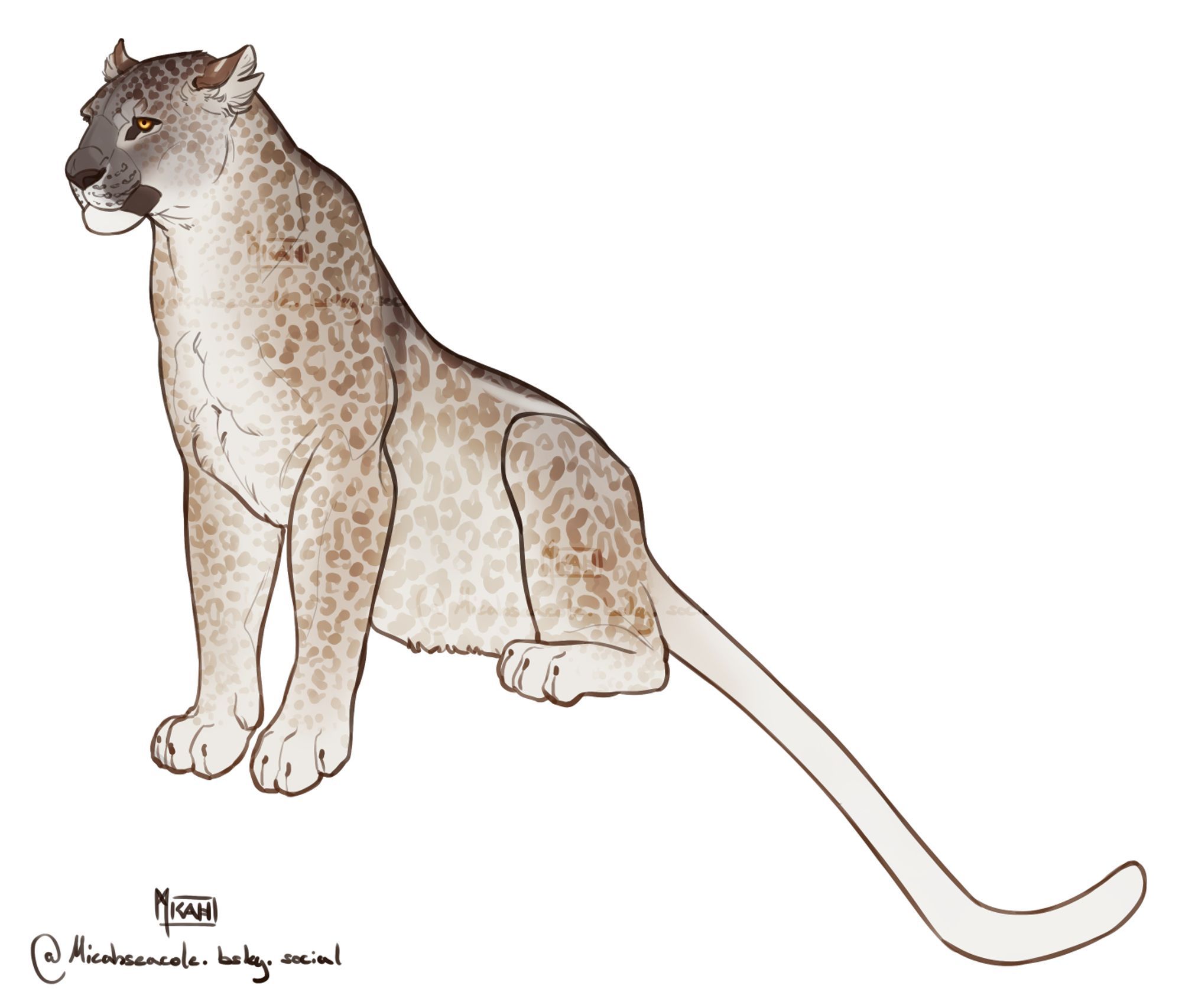 a digital illustration of a pale beige and brown leopard sitting. It has a solid colored tail and a grey face. It's eyes are orange and seem to glow from within.