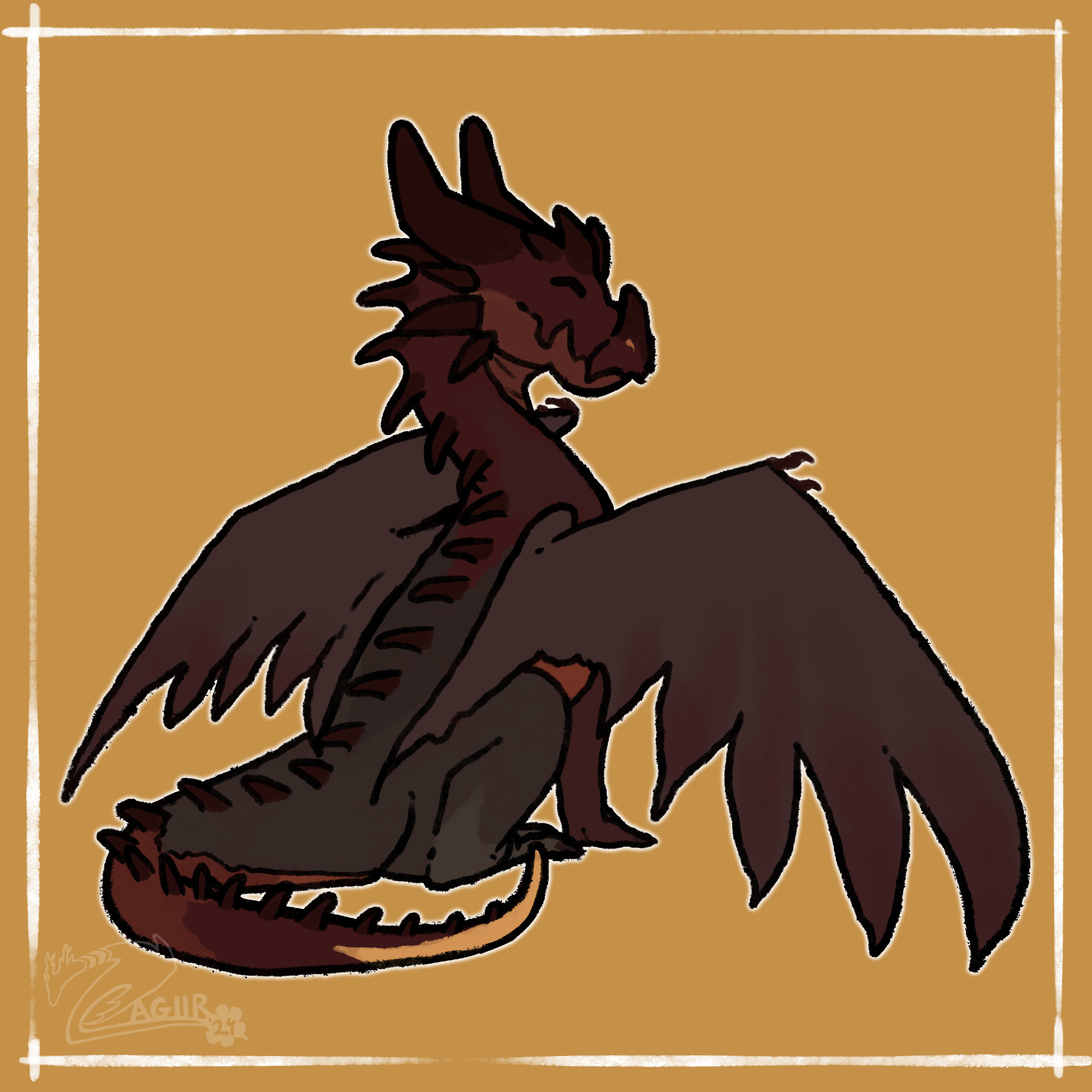 a red and brown dragon sitting with a happy expression and his wings spread.