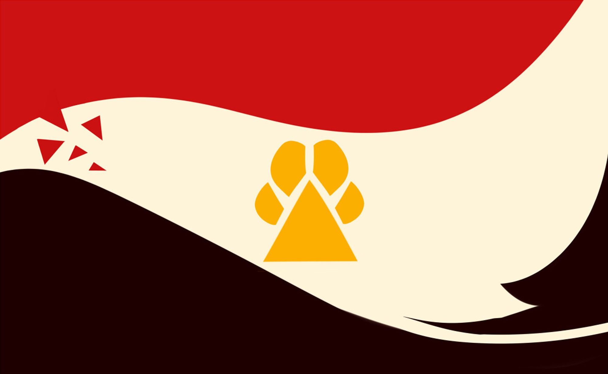 Digital flag design of furry fandom flag. Include 3 wavy sections invoking wing, scales, tail, and water waves. In the center is a triangle pawpad and 4 paw bean shapes on top of the triangle