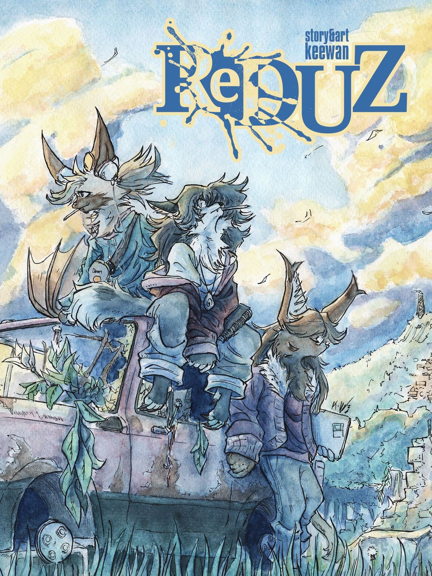 Art featuring Allie, Lúa and Joanne hanging out next to an old, rusted Seat Panda 45. Promotional art for the comic "ReDUZ"