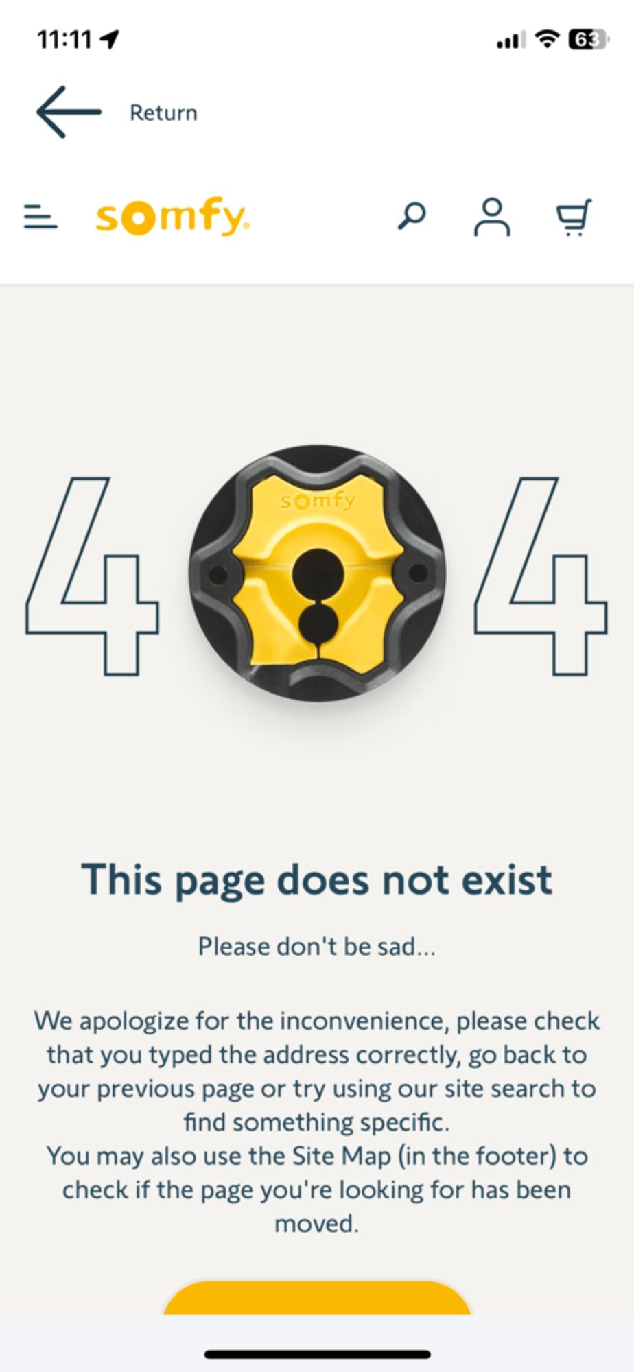 Screenshot of the Somfy Tahoma App showing a 404