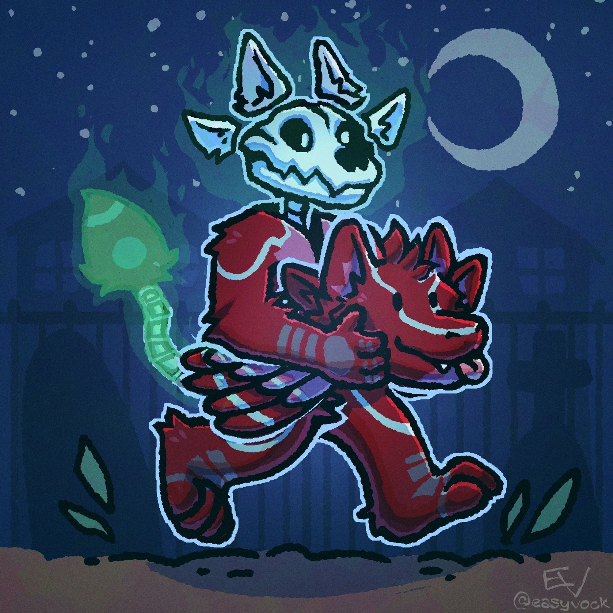 Art by @easyvock of Rhubarb walking at night, but with his skull exposed and carrying his head, making it look more like a fursuit than skin. His tail is also spectral and ghostlike