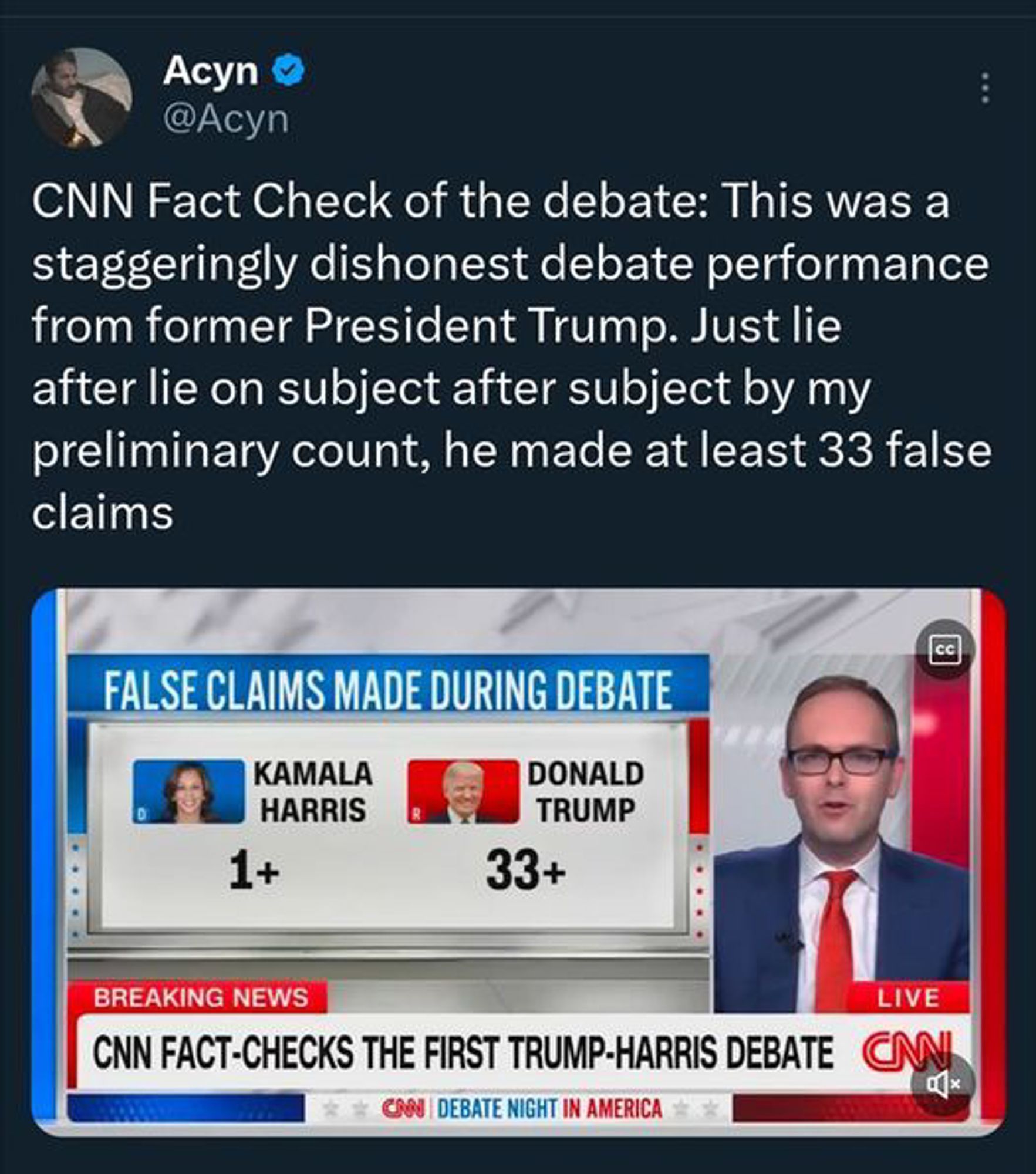 Tweet by Acyn (@Acyn)

 CNN Fact Check of the debate: This was a
 staggeringly dishonest debate performance
 from former President Trump. Just lie
 after lie on subject after subject by my
 preliminary count, he made at least 33 false
 claims
 FALSE CLAIMS MADE DURING DEBATE
 KAMALA
 HARRIS
 1+
 DONALD
 TRUMP
 33+
 BREAKING NEWS
 LIVE
 CNN FACT-CHECKS THE FIRST TRUMP-HARRIS DEBATE CAN
 CAN I DEBATE NIGHT IN AMERICA