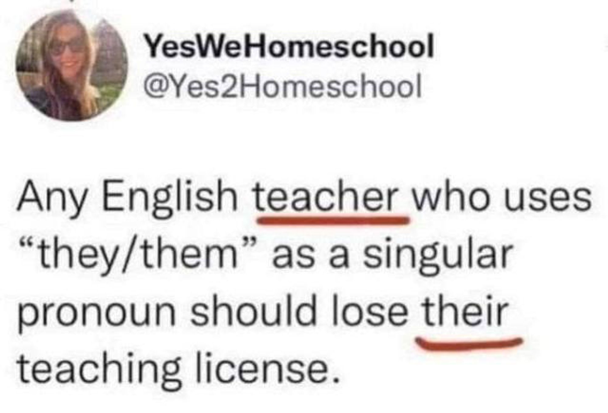 Tweet by YesWeHomeschool (@Yes2Homeschool)

Any English teacher who uses "they/them" as a singular pronoun should lose their teaching license.