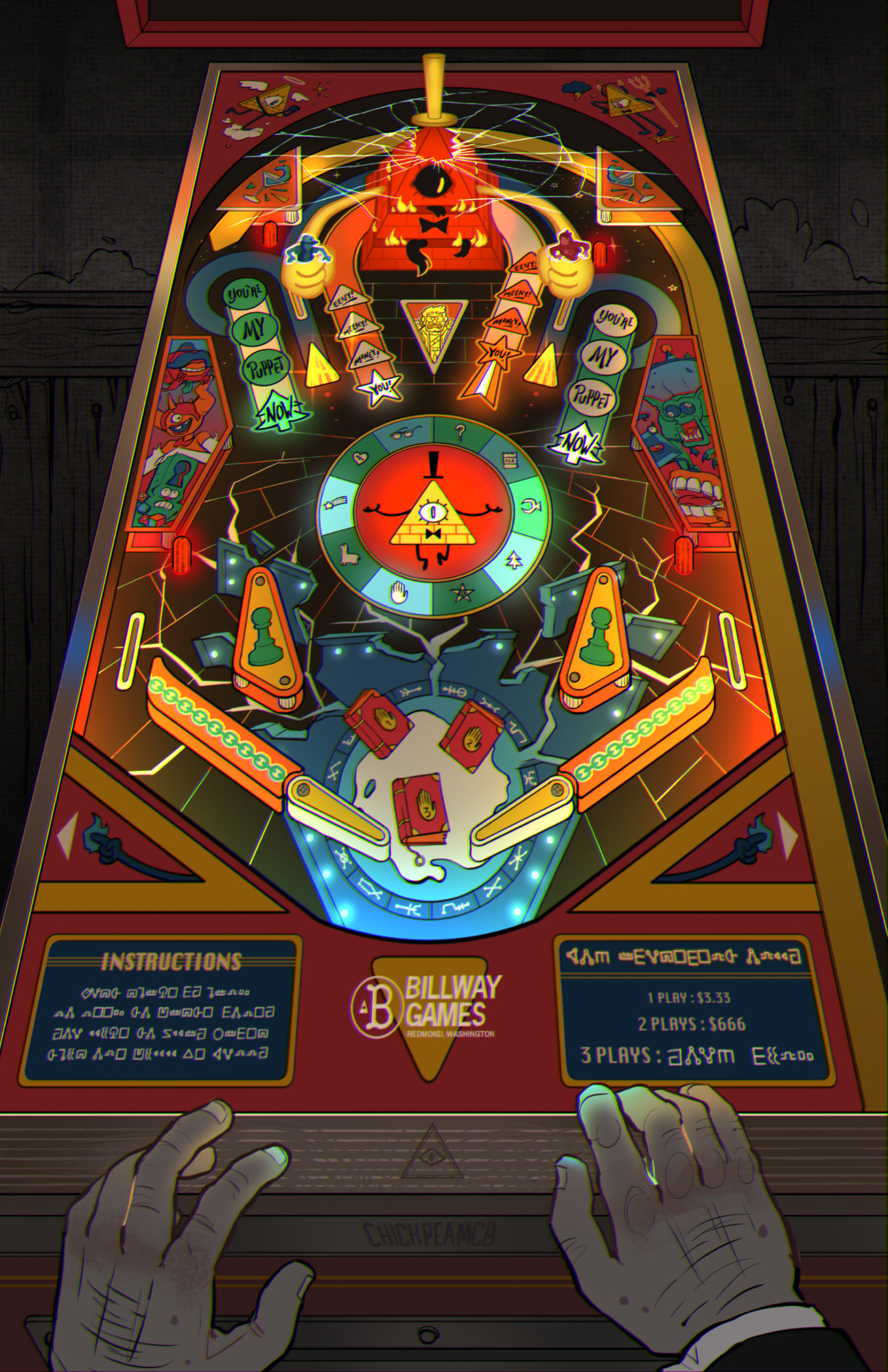 A Weirdmageddon themed pinball machine, with a 3D monster Bill Cipher figurine holding Dipper and Mabel in its hands at the top. An illustration of golden statue Ford lies directly in front of Bill. Stan is the only Pines not stuck in the machine, and instead is playing the game to free his family.