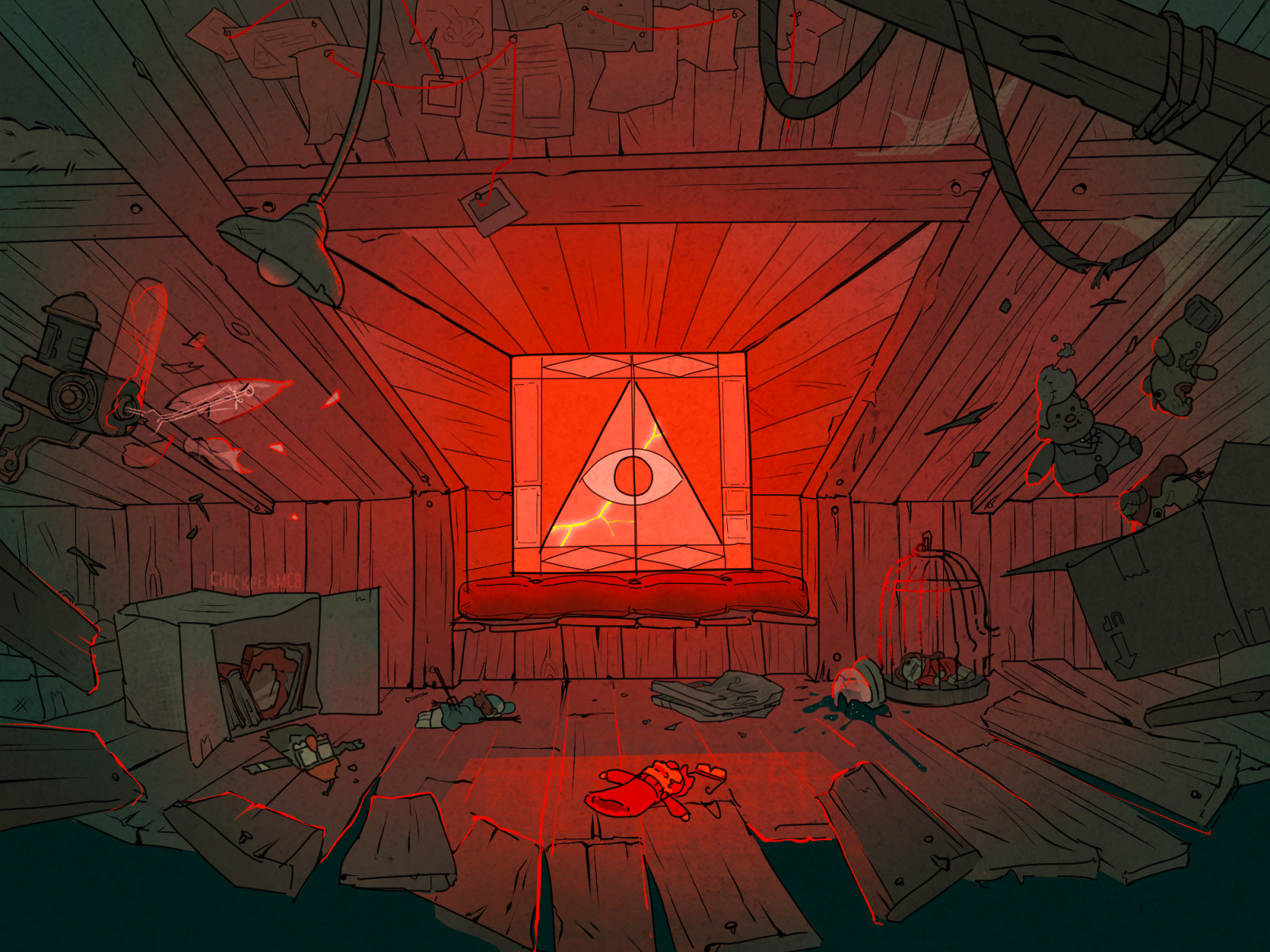 A view of the Mystery Shack attic, with all its contents scattered and floating in mid-air. The Pines' Family puppets are strewn across the floor in ways similar to how Bill Cipher hurt each of them, and the Bill window has a large crack in it.