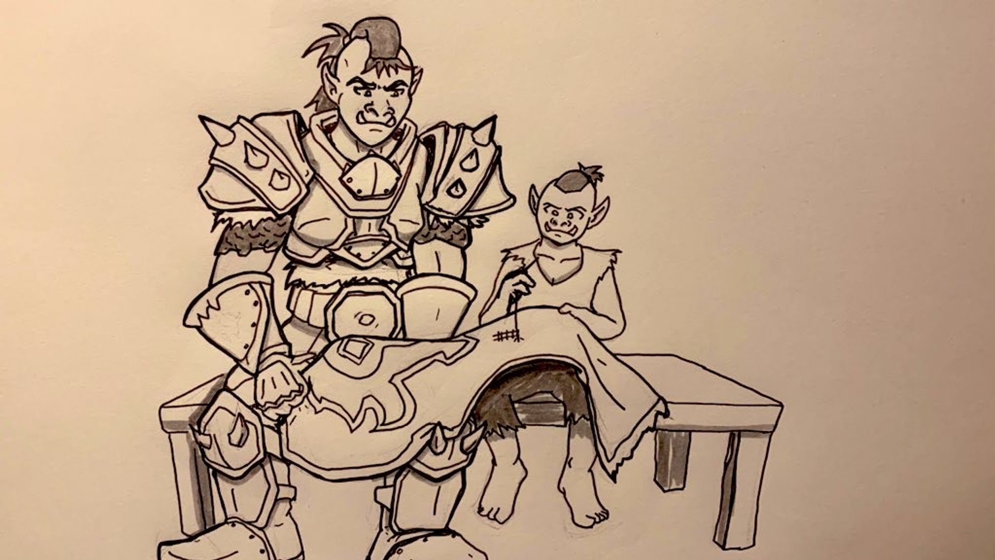 ORC WARRIOR IN FULL PLATE ARMOR SITTING ON A BENCH AS HER SON STITCHES A HOLE CLOSED IN DA HORDE BANNER DEY HAVE STRETCHED ACROSS DEY KNEES.