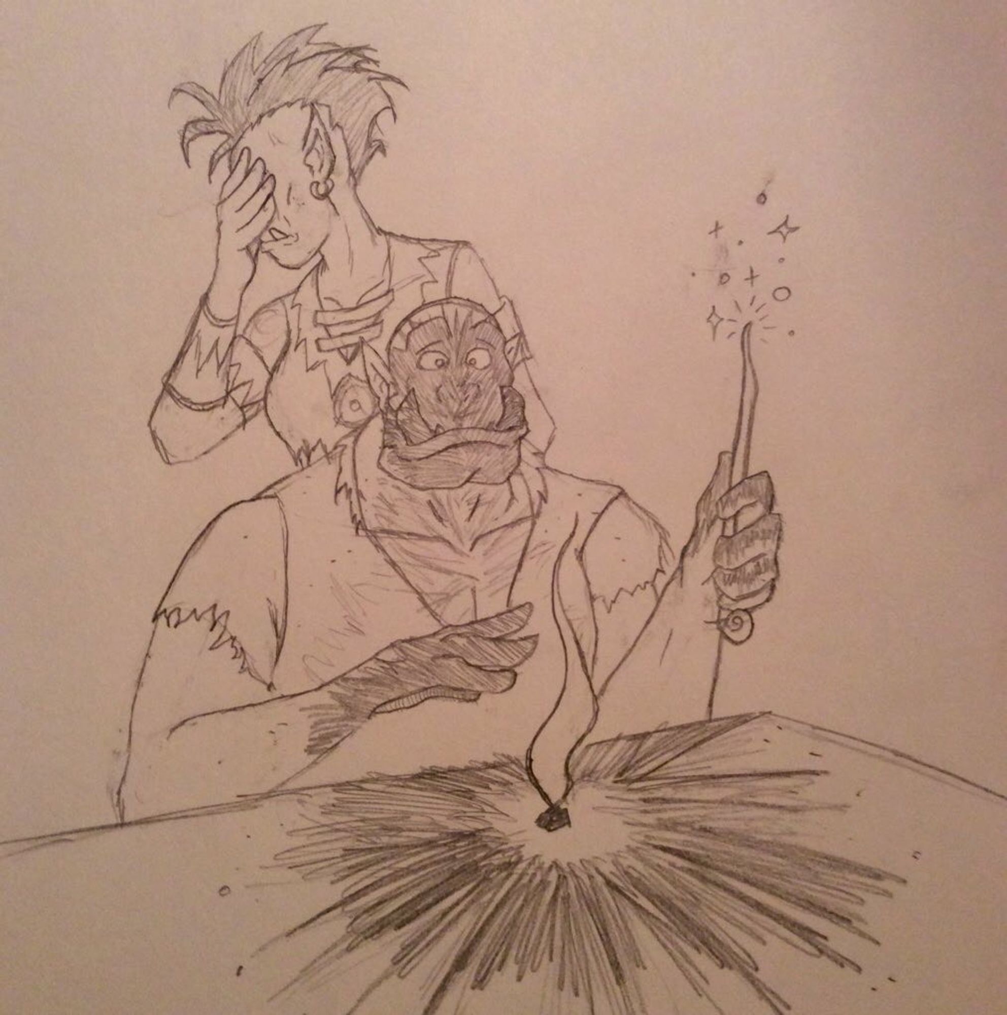 PENCIL SKETCH OF A PEON SITTING AT A TABLE, HOLDING A MAGIC WAND. DA TABLE BEFORE DEM IS BLACKENED FROM AN ESPLOSHUN WHICH HAS ALSO PUT SOOT ALL OVER DEY HANDS AND FACE. BEHIND DEM, A FEMALE ORC IN ROBES PUTS A HAND OVER HER FACE.