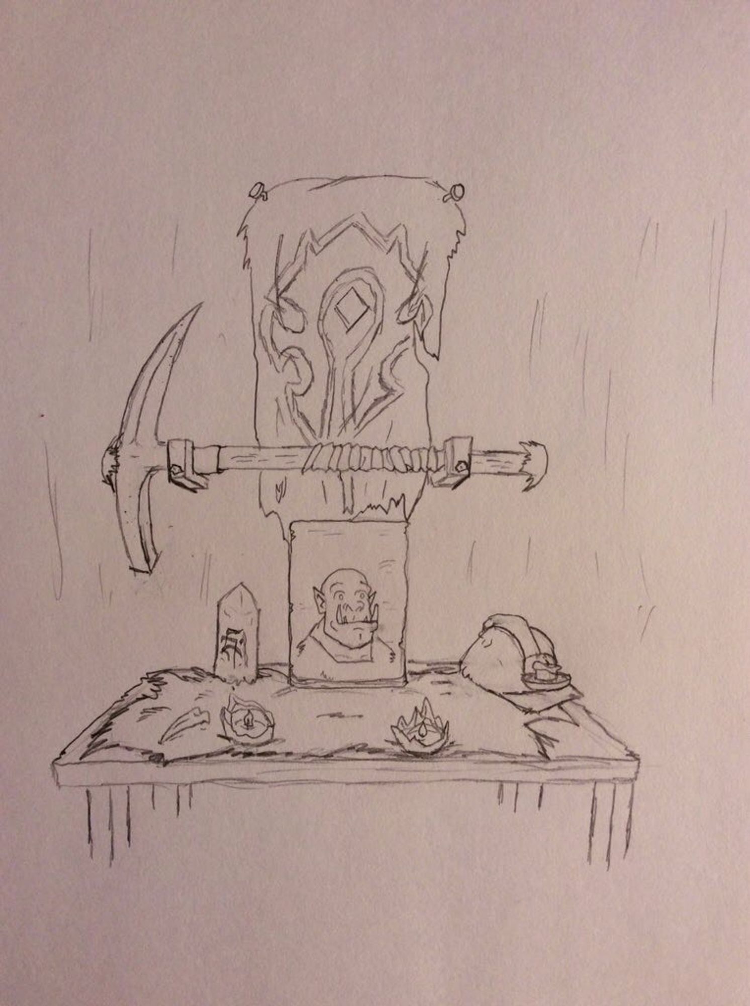 PENCIL SKETCH OF A SHRINE TO A FALLEN FAMILY MEMBER. A PICK IS HUNG ON A WALL BEFORE A HORDE BANNER, AND A PICTURE OF AN ORC IS PROPPED UP BEFORE SEVERAL TOKENS AND KEEPSAKES.