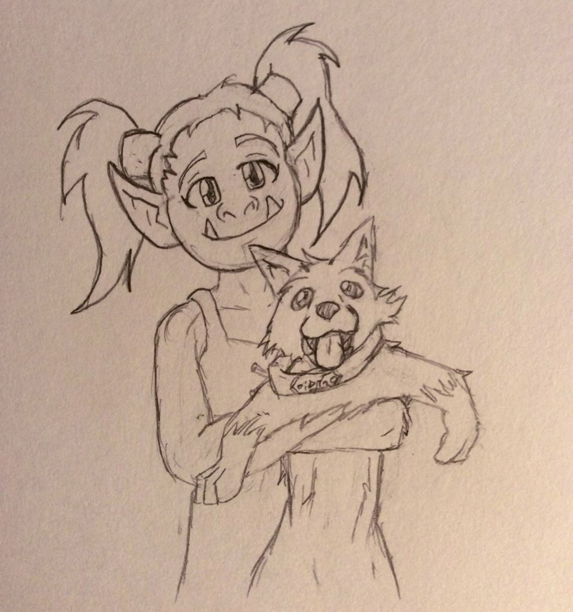 PENCIL SKETCH OF A LEETLE ORCISH GIRL WITH HER HAIR IN BOAR TAILS AS SHE HOLDS UP A WORG PUPPY, ITS TONGUE HANGING OUT.