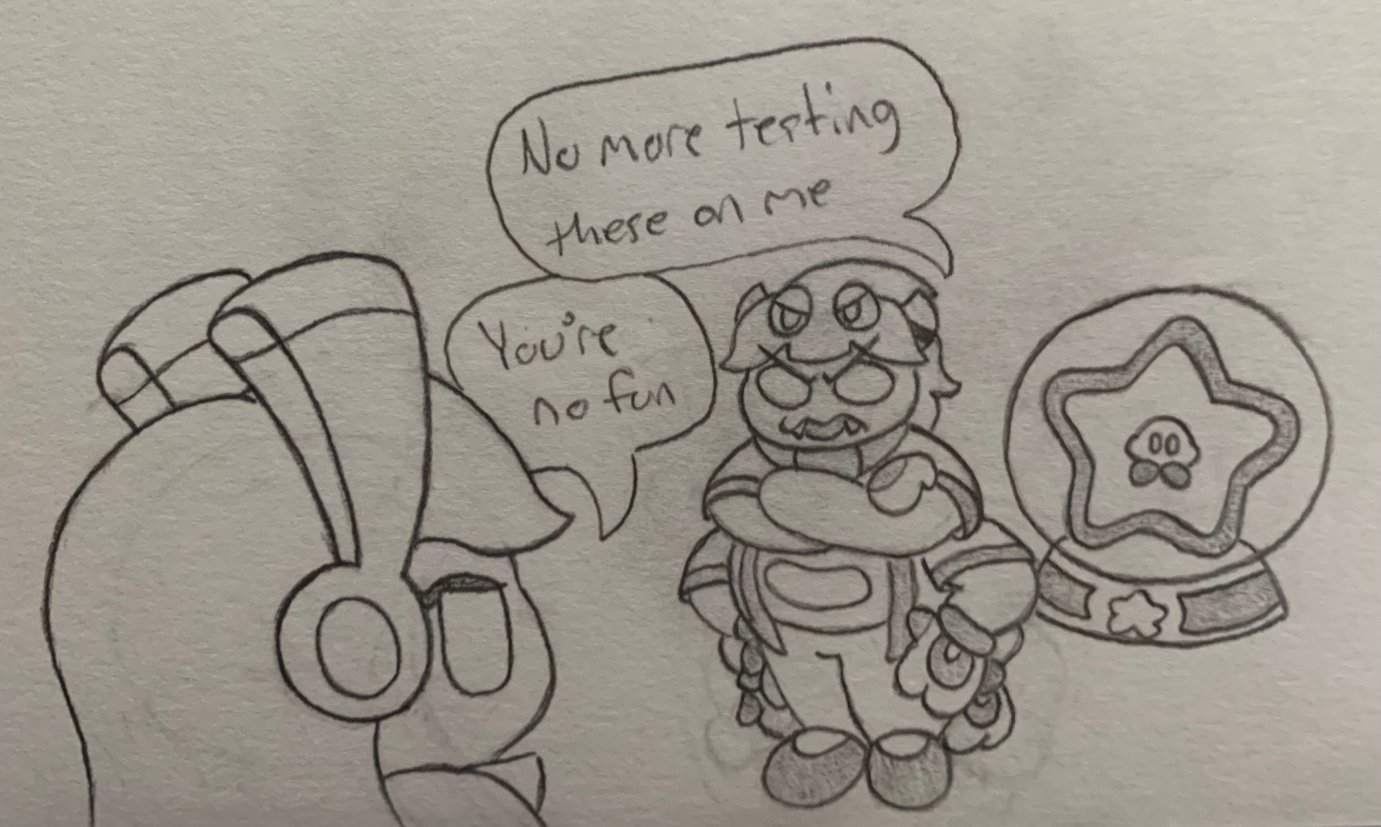 Taranza, now normal sized, stands next to a "Mini" ability Copy Essence. He appears annoyed with a stern look, and says, "No more testing these on me" to Susie. Susie in the foreground looks disappointed, replying, "You're no fun."