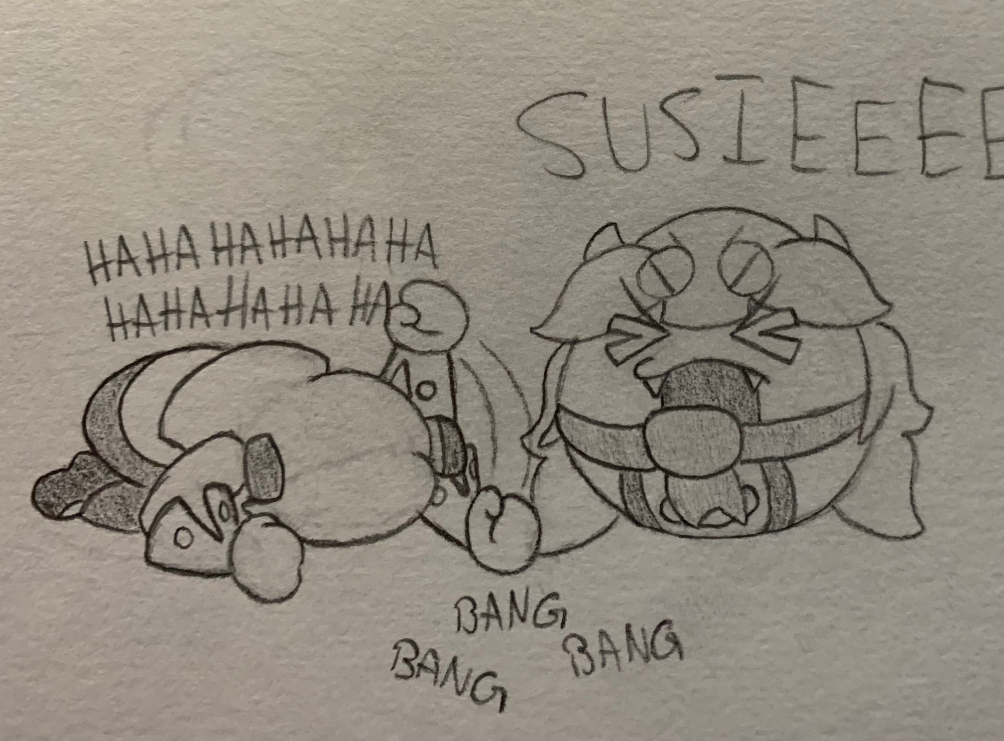 Taranza is now ball-shaped (having the "Ball" copy ability) And shouts Susie's name in frustration. He is visibly angry. Susie is on her hands and knees next to him, pounding the ground with her fist as she howls with laughter