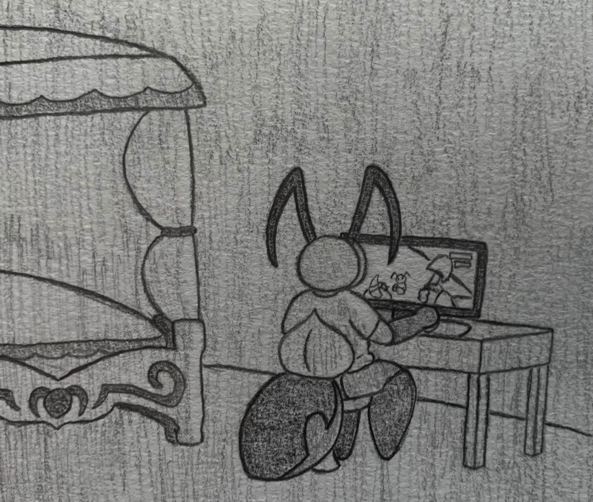 Elizant sits in a darkened room at a desk next to her decorated bed. She wears a t-shirt instead of her royal outfit, though she retains the mask. There is a computer monitor on her desk, on which she plays a game meant to look like a version of Team Fortress 2 with insect characters. She is playing as Soldier and appears to be about to hit an opponent with a shovel