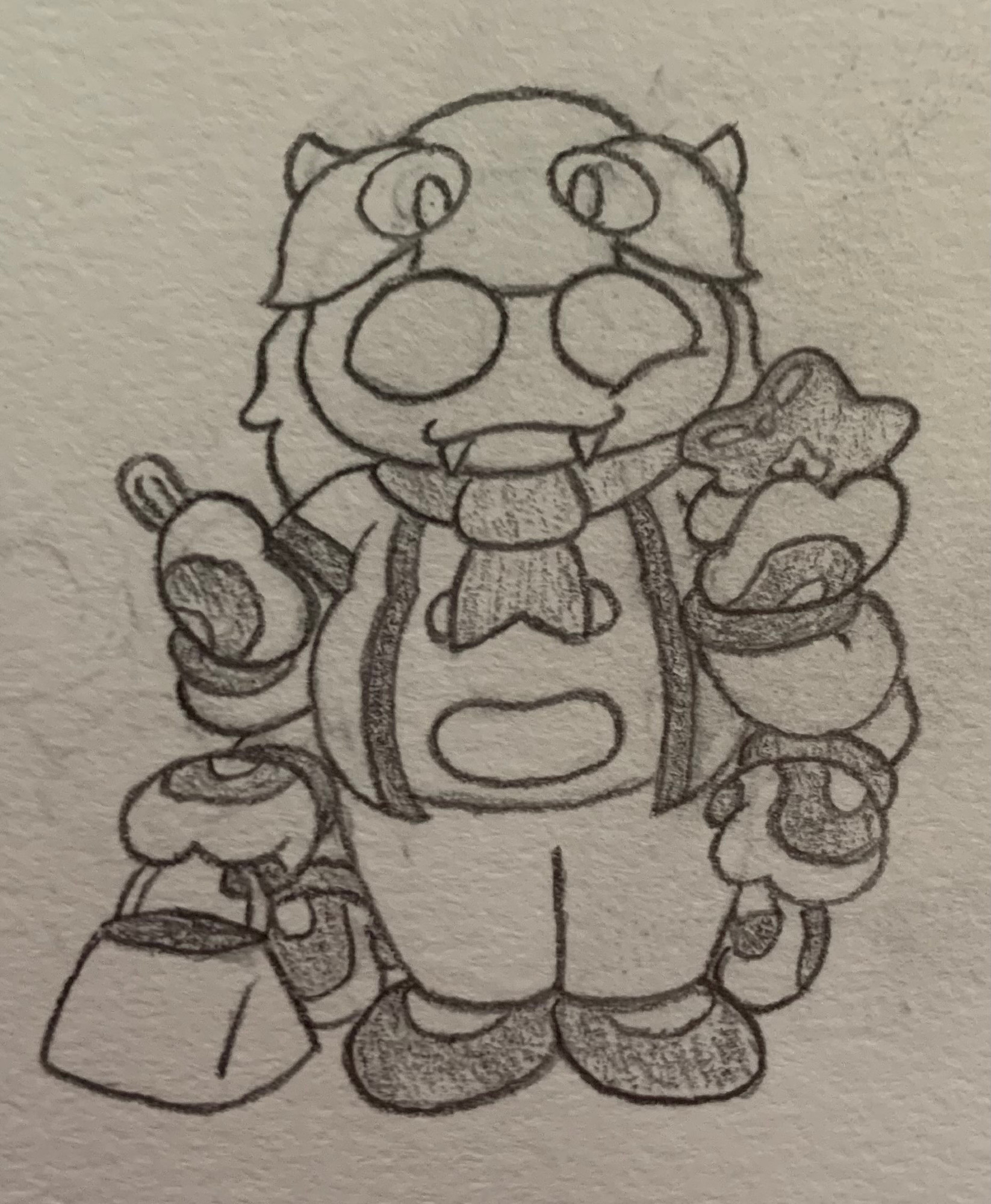 Humanoid design for Taranza from Kirby: Triple Deluxe, in a neutral stance facing straight ahead. He's holding a star-shaped pastry in his top left hand and a churro in his top right. He also holds a shopping bag in his middle right hand, and his remaining three limbs are at rest. He is smiling and chewing some food