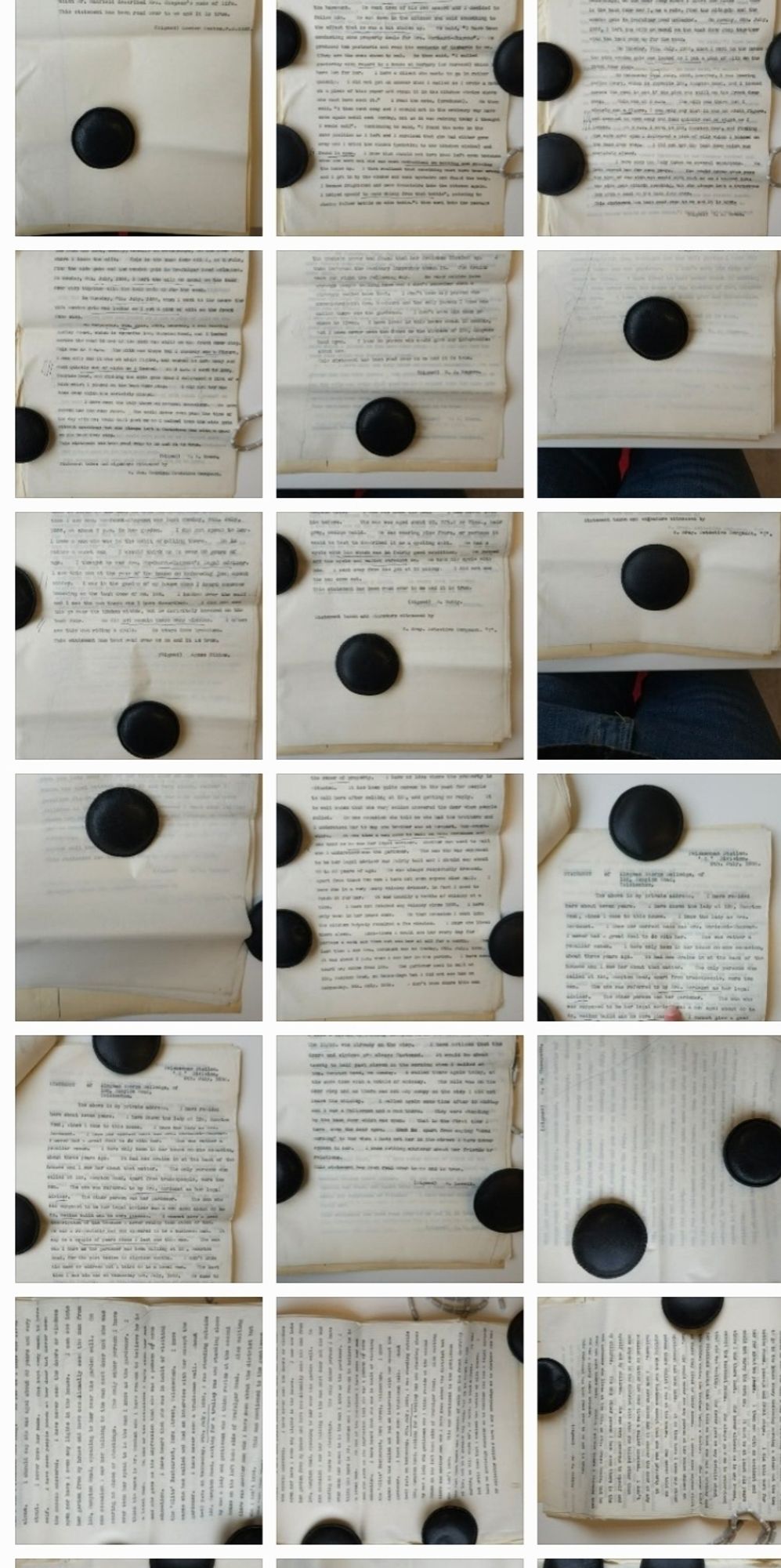 Image of camera roll showing thumbnails of 18 documents being held down by weights.