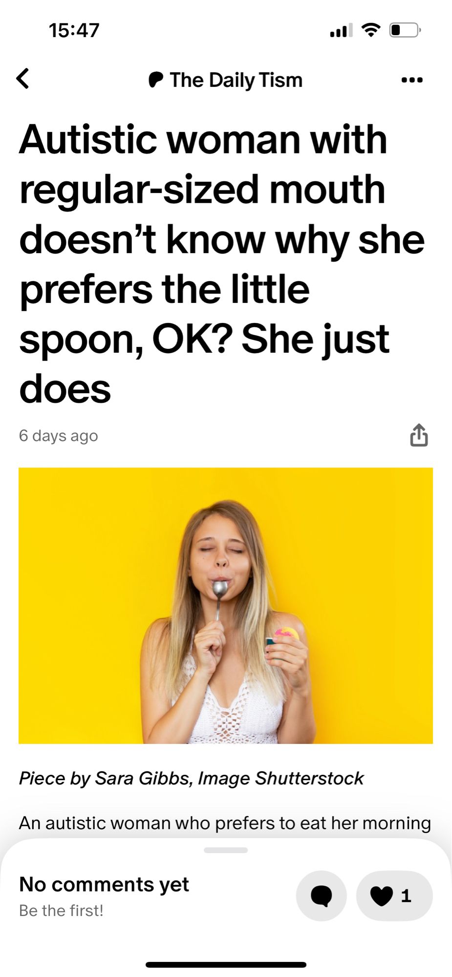 Autistic woman doesn’t know why she prefers the little spoon, OK? She just does 

Image of woman in front of yellow background with spook in mouth looking blissful