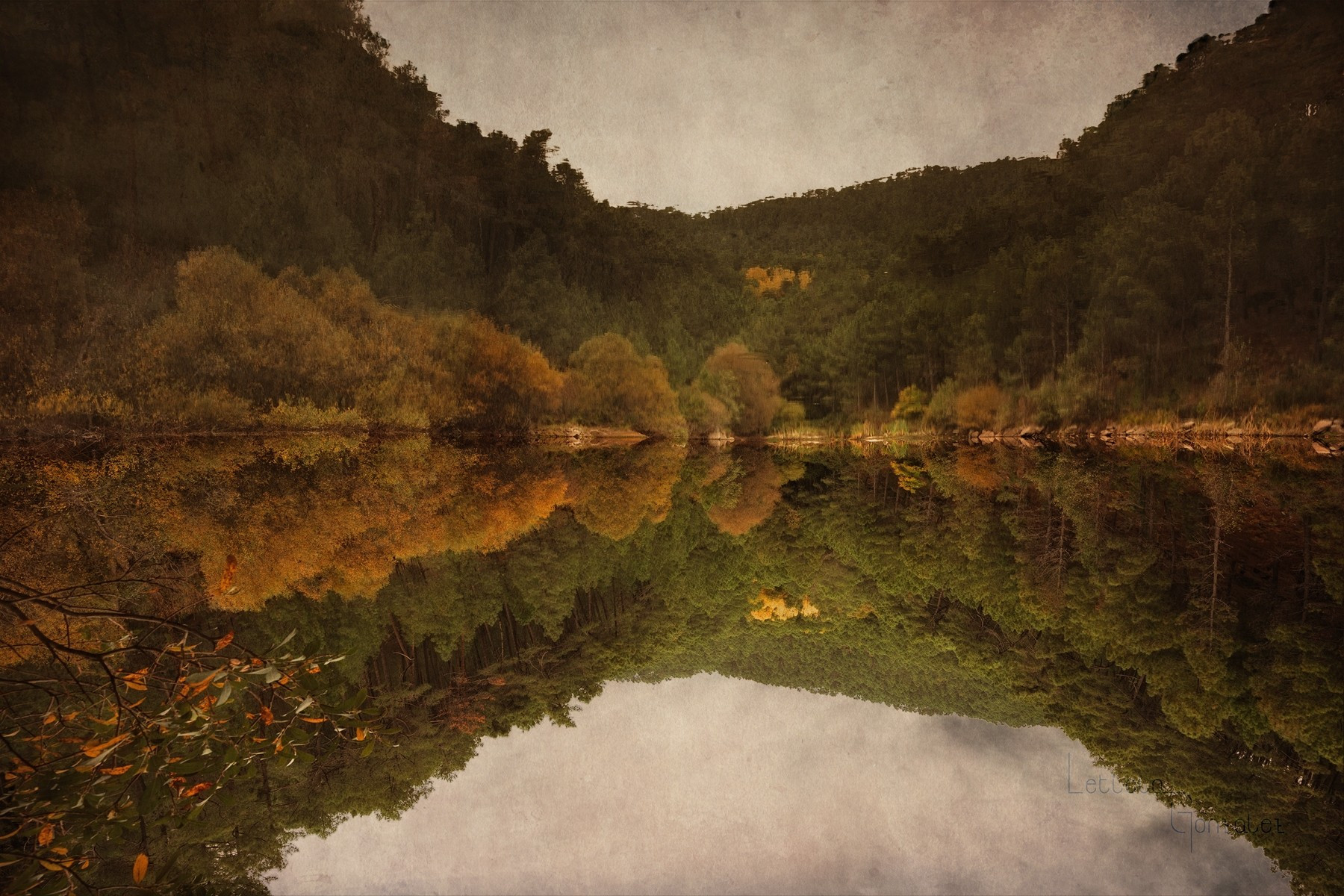 An autumnal landscape with water reflection in the middle