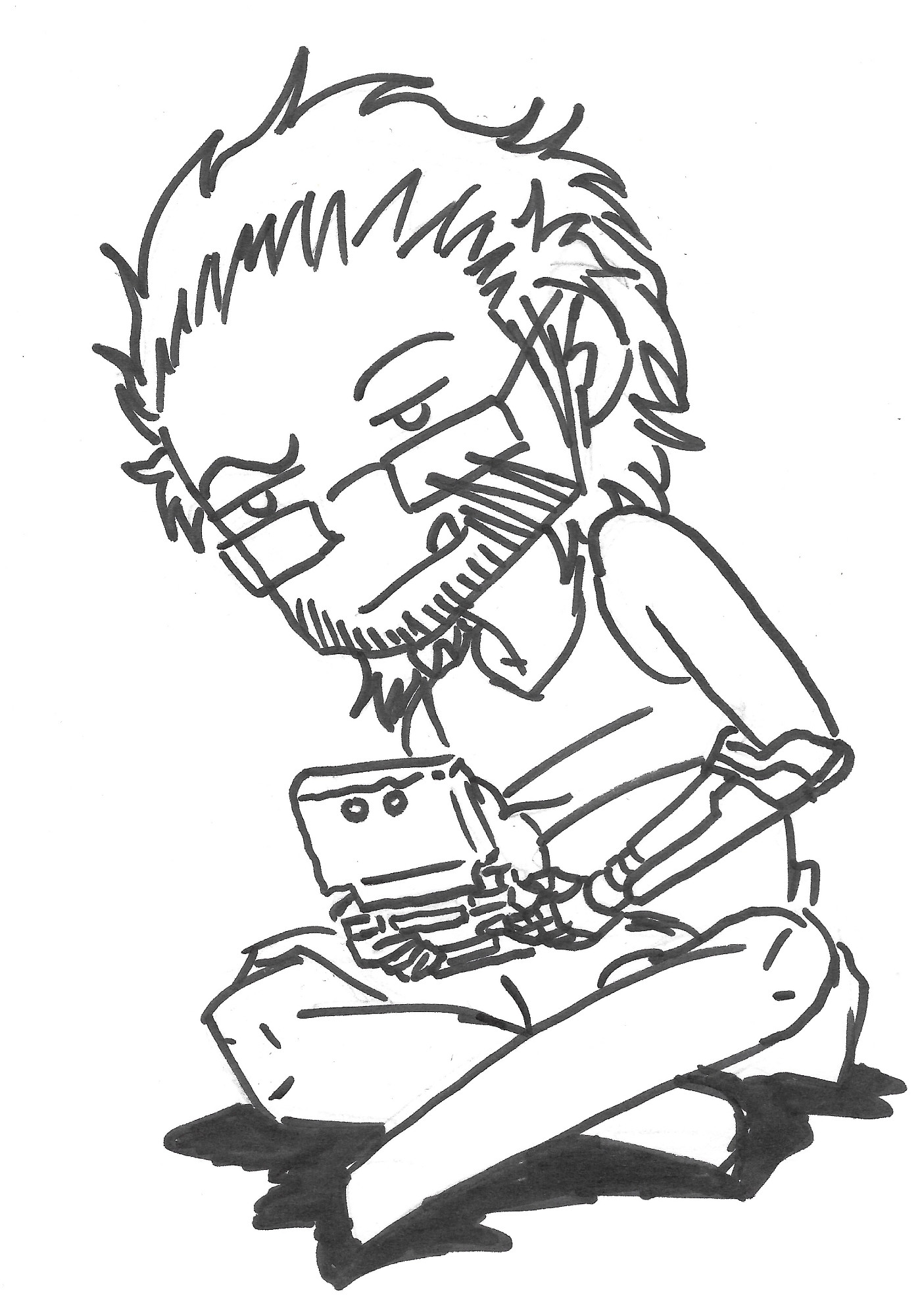 Character playing a (poorly drawn) 3DS.