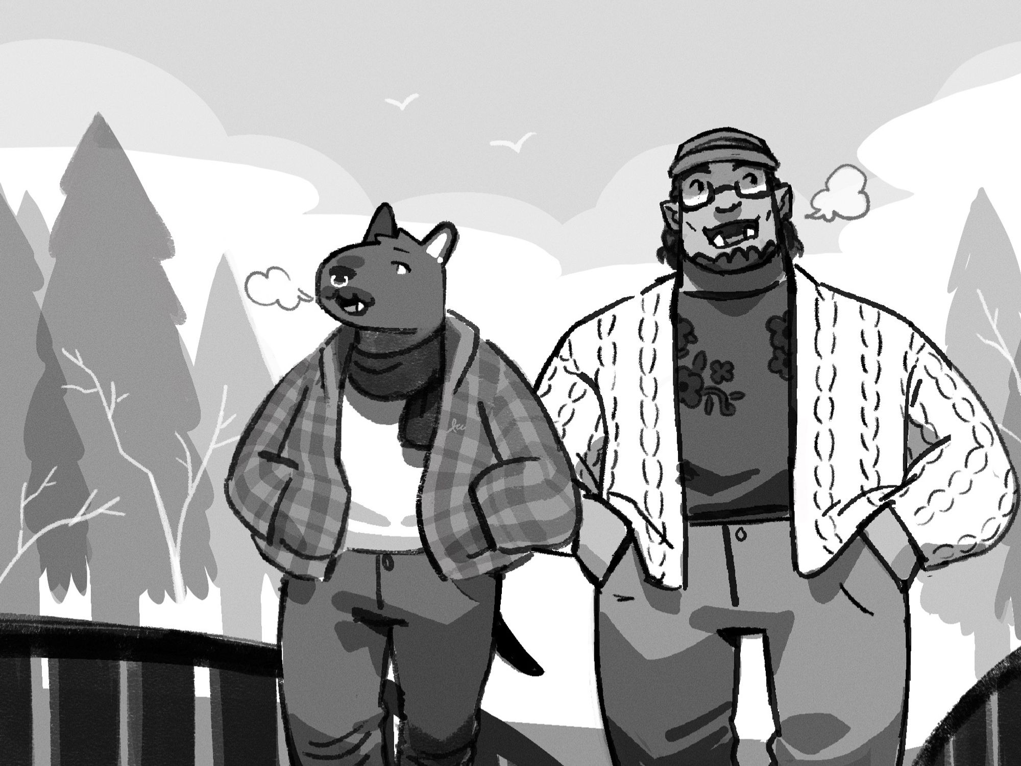 Black and white sketch of my character on a walk with @orcflorist’s character