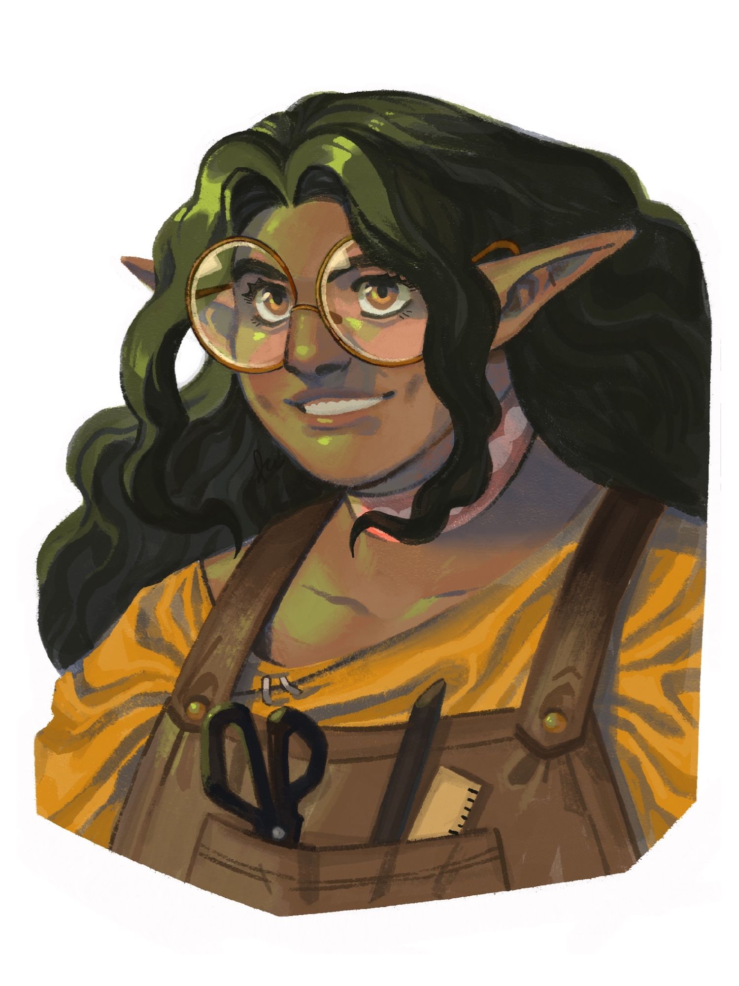 Digitally painted sketch of a brown skinned elven woman with big, wavy, black hair and large, round glasses. She wears what looks like a leather apron over a flowy yellow wrap top.