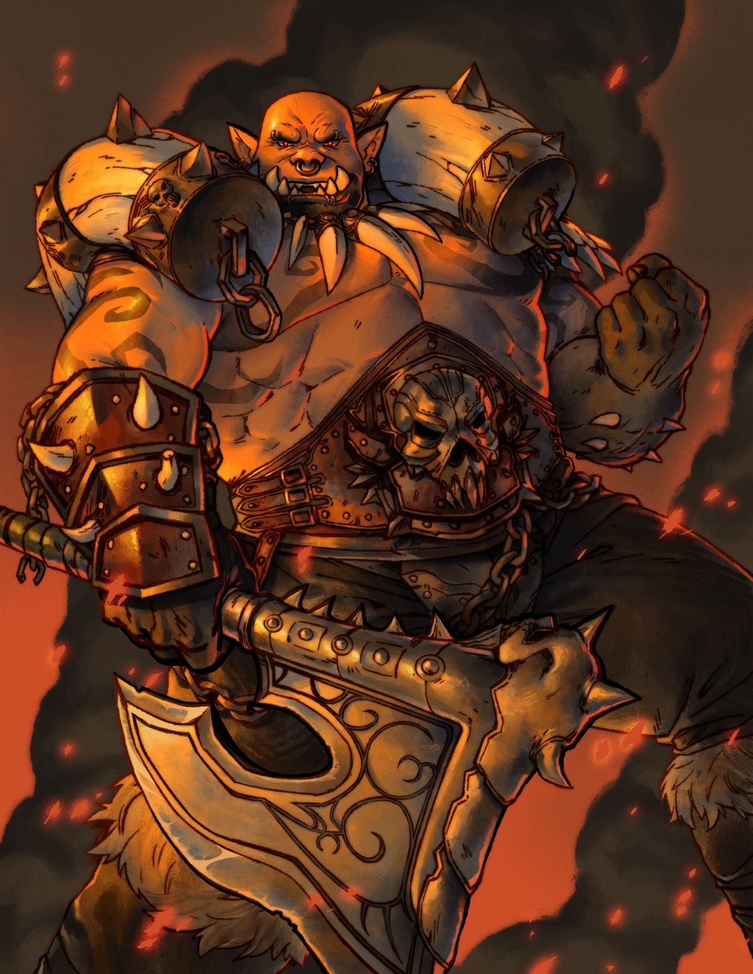 Illustration of Garrosh (World of Warcraft) gazing menacingly down at the viewer, holding his axe. Plumes of smoke and ember are rising behind him.