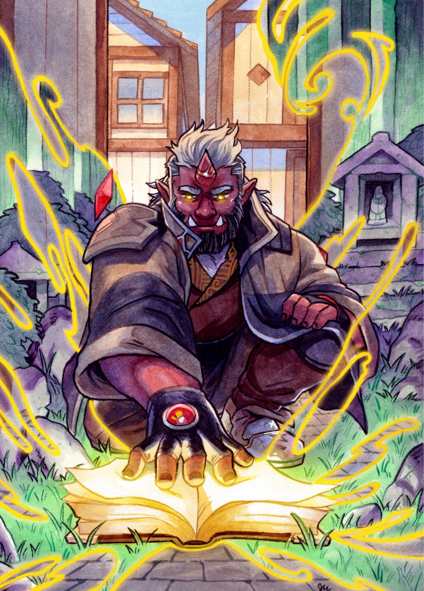 Watercolor painted illustration of user @orcanist.gay’s Oni character Eijiro kneeling with his hand resting on a glowing book, the background around him shifting from an alley between rustic buildings to a forest shrine.