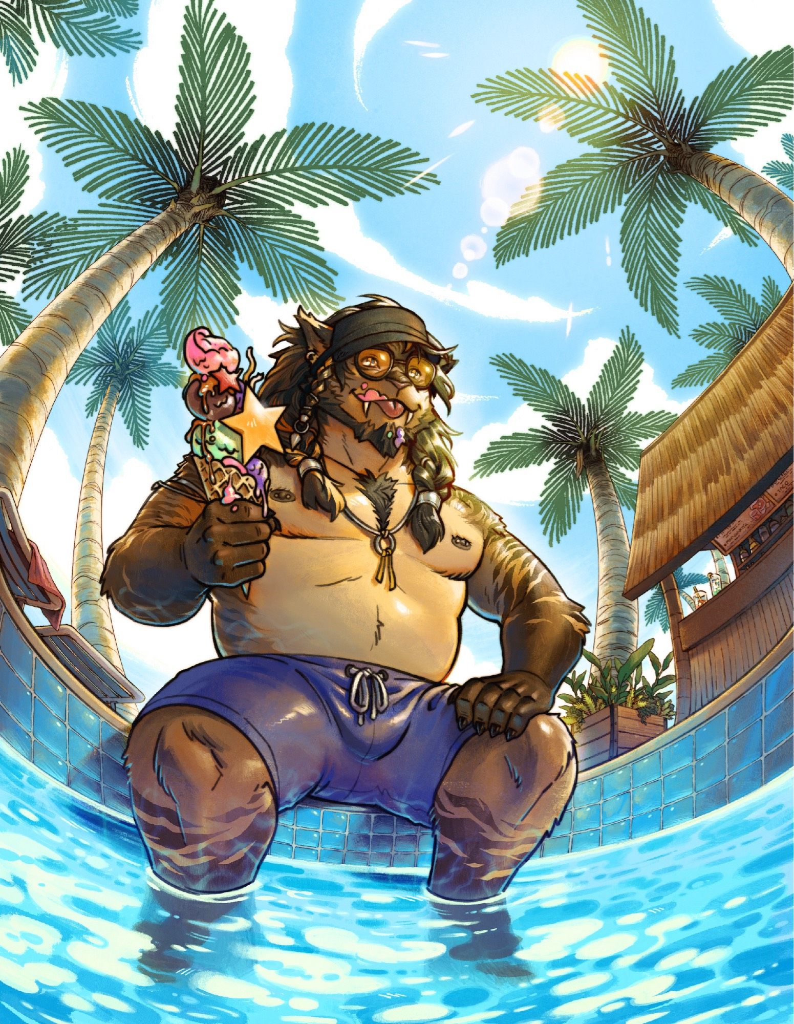 Digital illustration. Hrothgar character (@vanillionshake) sitting at the edge of a pool with his legs in the water, enjoying a huge ice cream cone with bits of ice cream on his face. Behind him are pool chairs, a food/drink bar, and palm trees stretching up into the sunny sky.