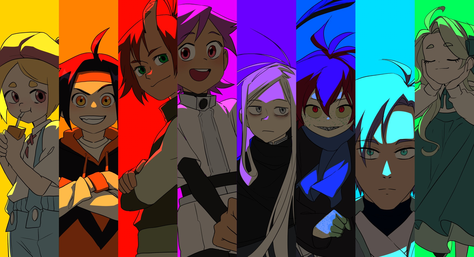 From left to right, Muien, Alex, Zawk, Fai, Dotsu, Phillip, Kori and Anne, each under a light of a different color.