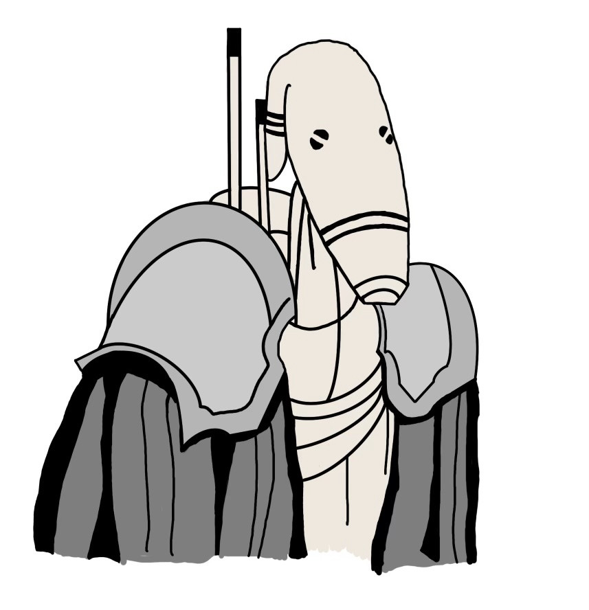 A battle droid with light grey pauldrons and a dark grey cloak.